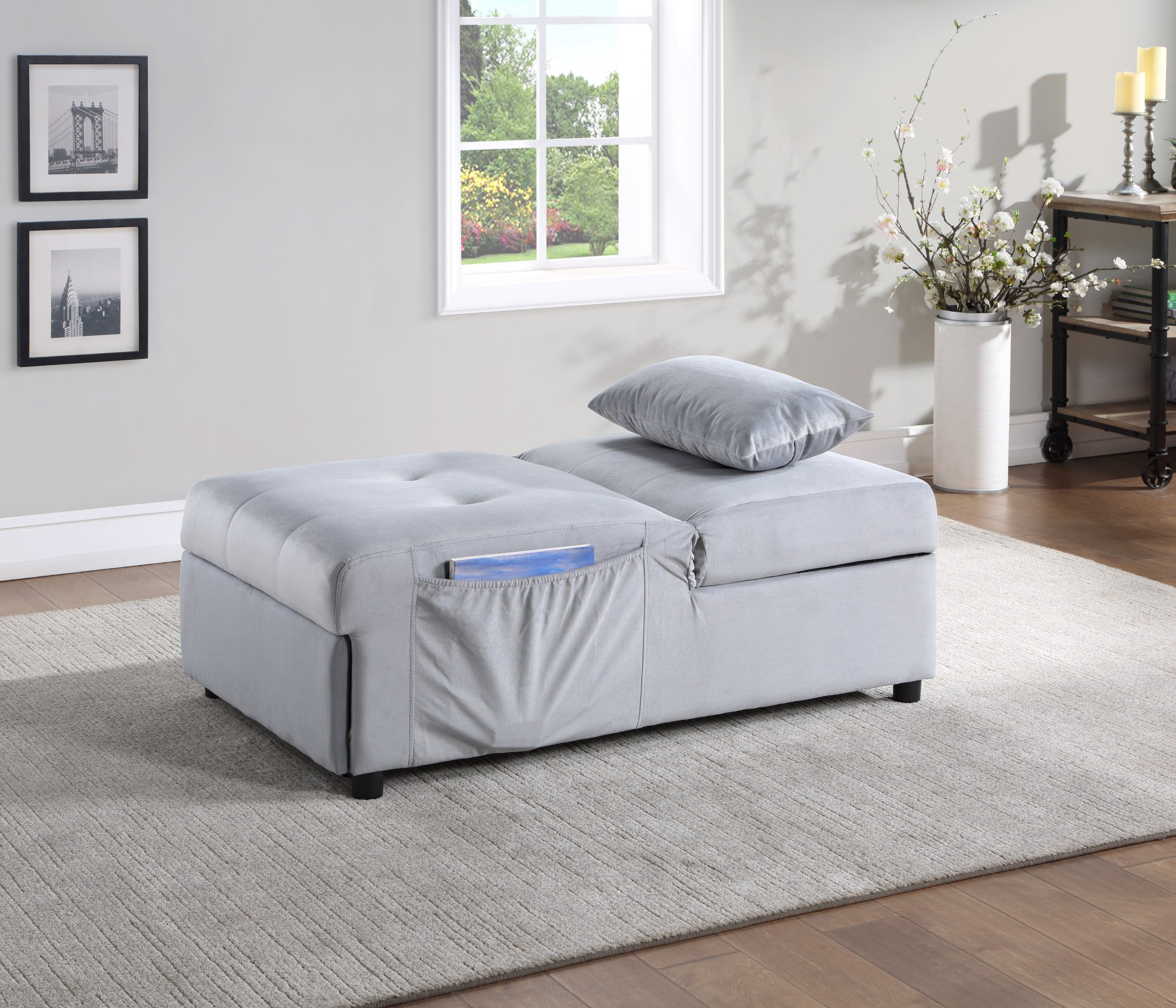 Garrell Gray Velvet Lift Top Storage Bench with Pull-out Bed - 4615-F3 - Bien Home Furniture & Electronics