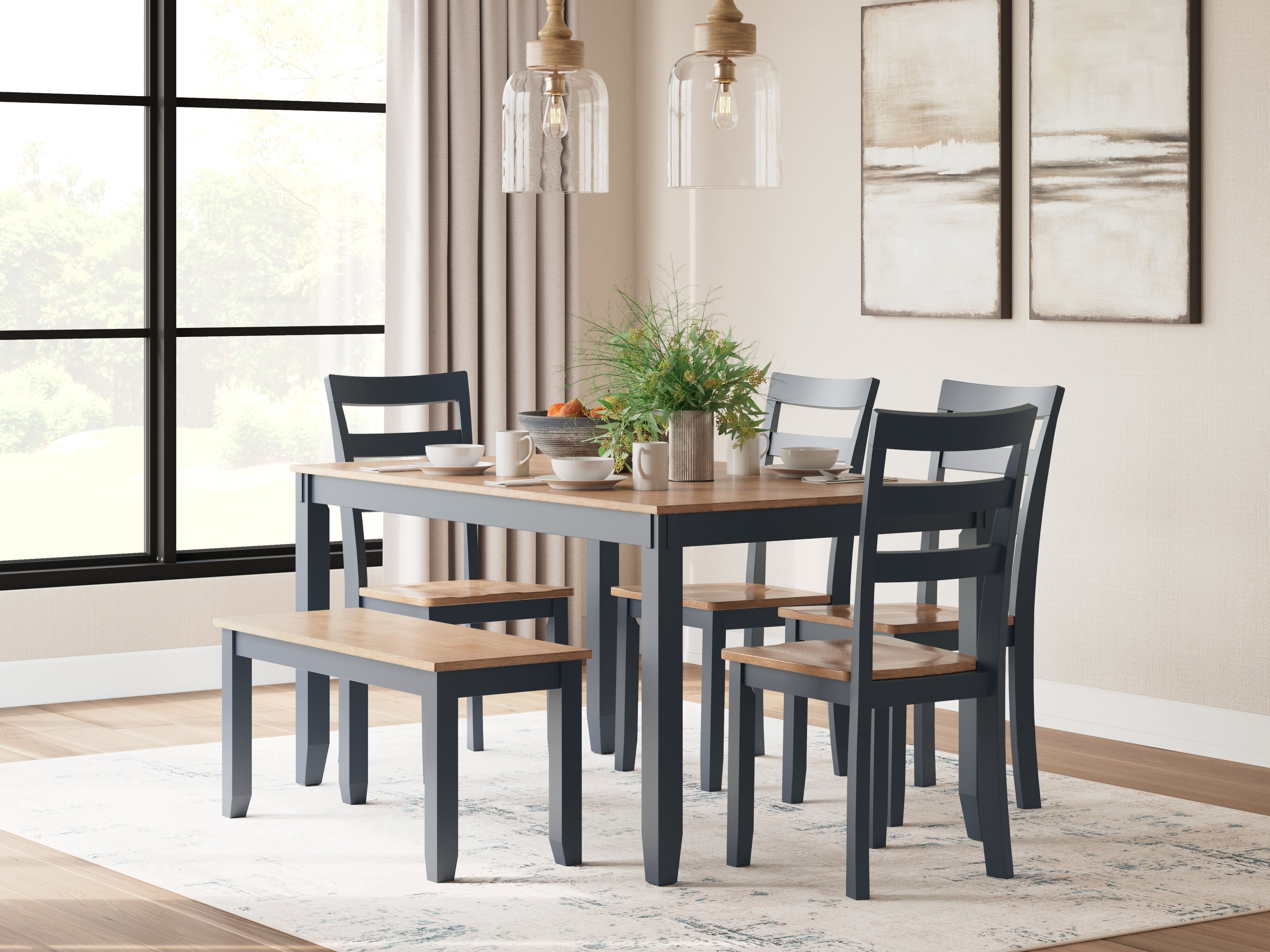 Gesthaven Natural/Blue Dining Table with 4 Chairs and Bench (Set of 6) - D399-325 - Bien Home Furniture & Electronics