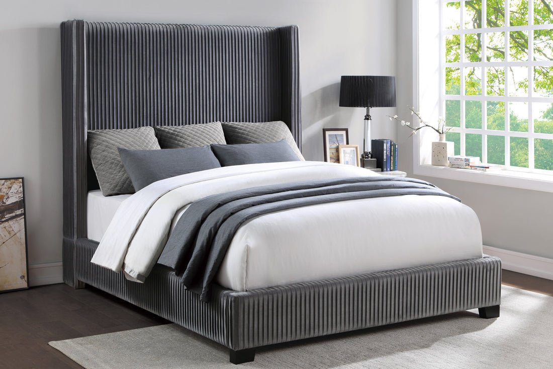 Glenbury Dark Gray Velvet Upholstered Queen Bed - 1547-1 - Bien Home Furniture &amp; Electronics