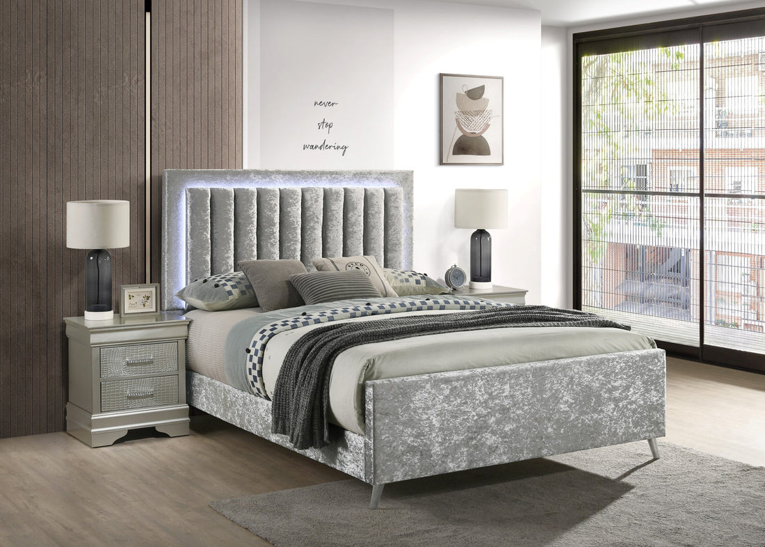Glisten Silver Queen LED Upholstered Panel Bed - SET | 5268SV-Q-HBFB | 5268SV-KQ-RAIL - Bien Home Furniture &amp; Electronics
