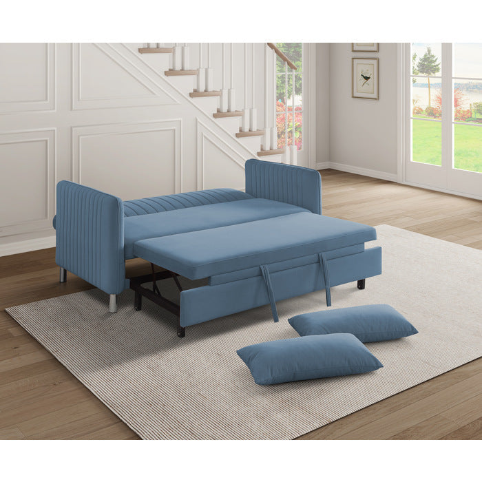 Greenway Blue Velvet Convertible Studio Sofa with Pull-out Bed - 9406NBU-3CL - Bien Home Furniture & Electronics
