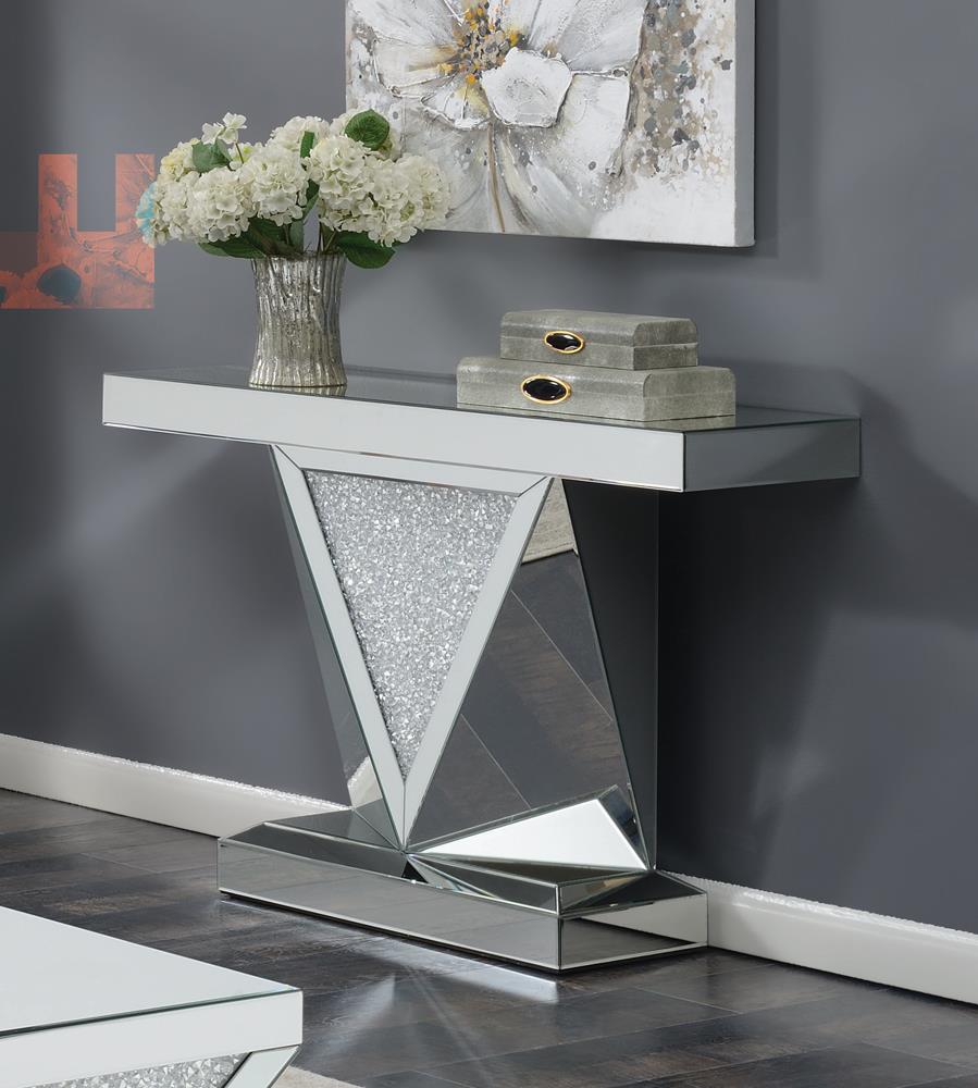 Gunilla Rectangular Sofa Table with Triangle Detailing Silver/Clear Mirror - 722509 - Bien Home Furniture &amp; Electronics