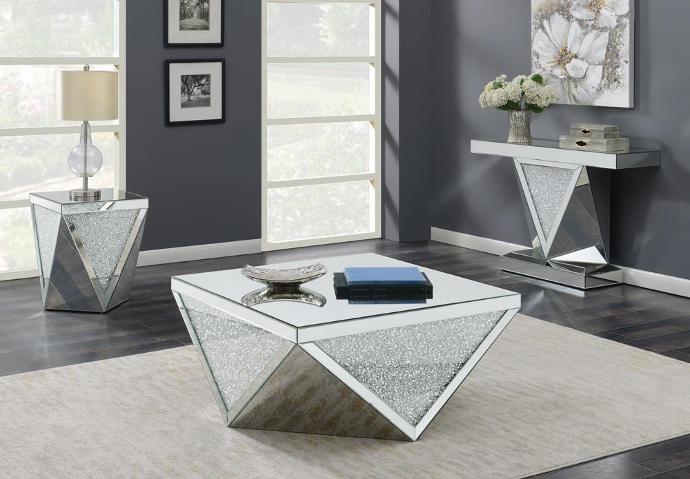 Gunilla Rectangular Sofa Table with Triangle Detailing Silver/Clear Mirror - 722509 - Bien Home Furniture &amp; Electronics