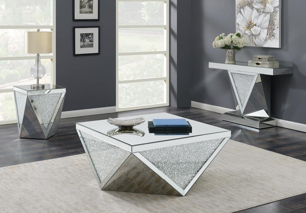 Gunilla Square End Table with Triangle Detailing Silver/Clear Mirror - 722507 - Bien Home Furniture & Electronics