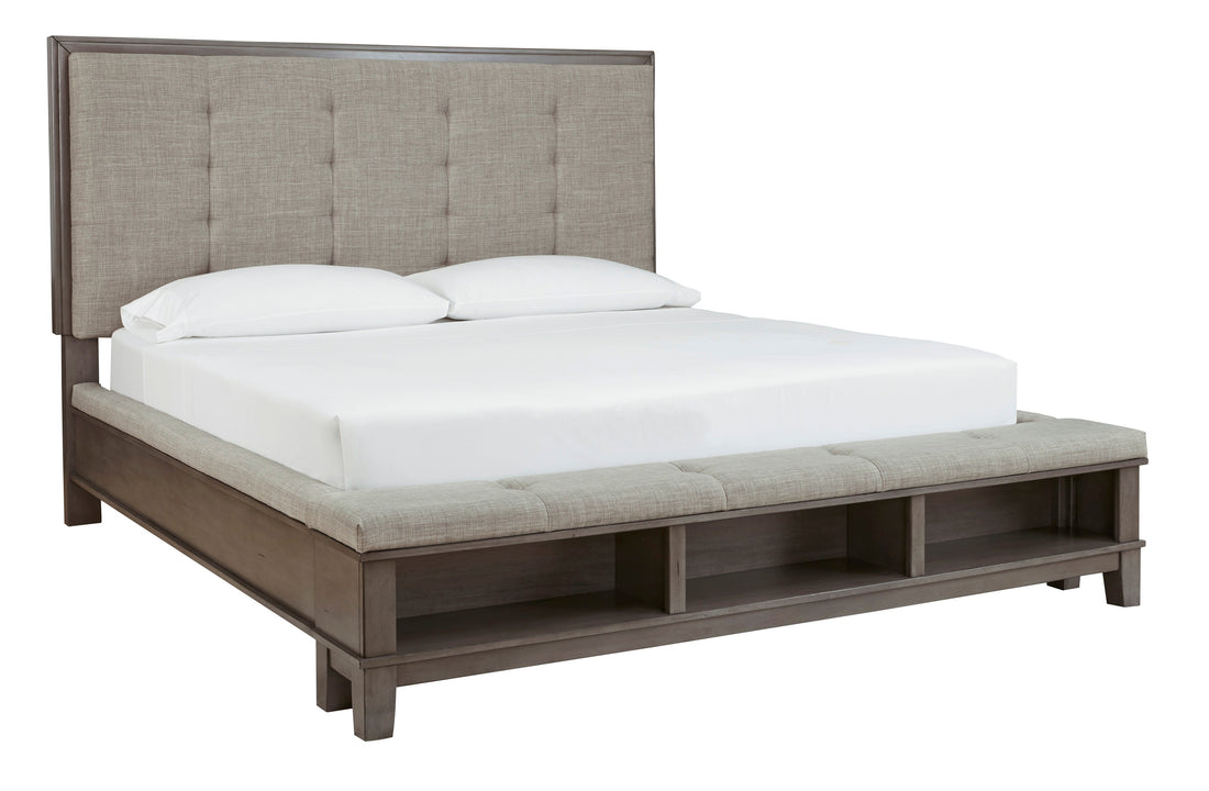 Hallanden Gray Footboard Storage Upholstered Panel Bedroom Set - SET | B649-56 | B649-58 | B649-97 | B649-92 | B649-46 - Bien Home Furniture &amp; Electronics