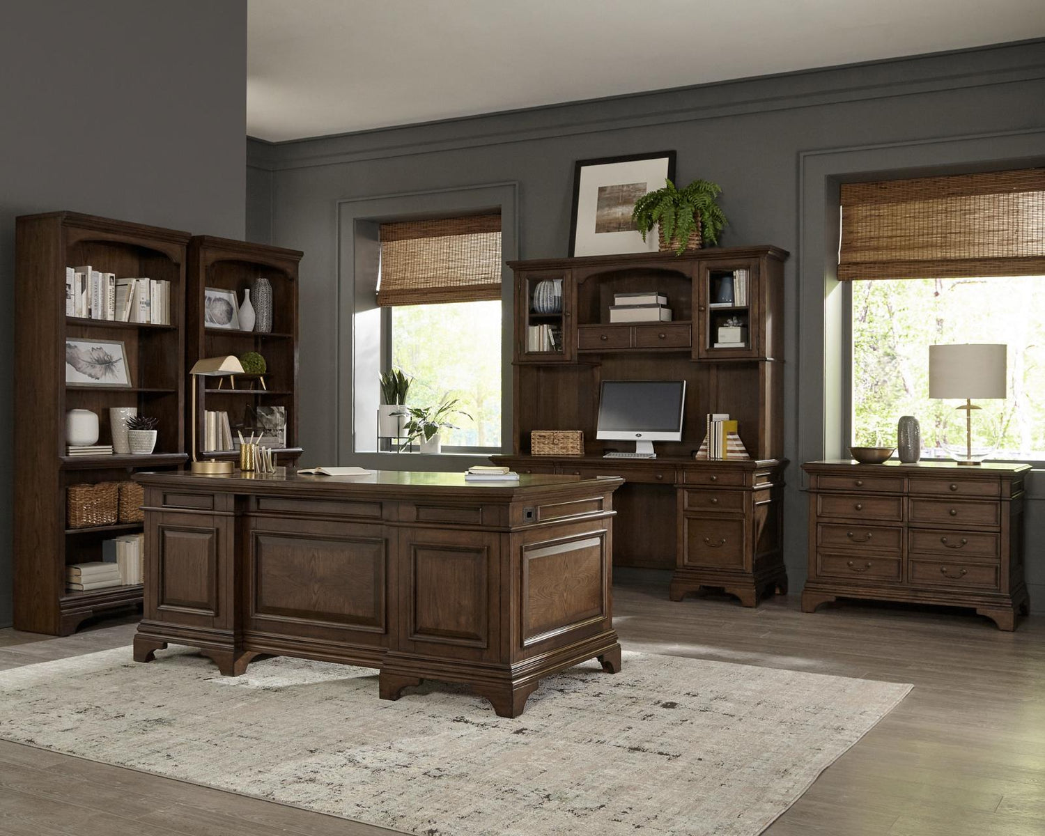 Hartshill Burnished Oak Executive Desk with File Cabinets - 881281 - Bien Home Furniture & Electronics