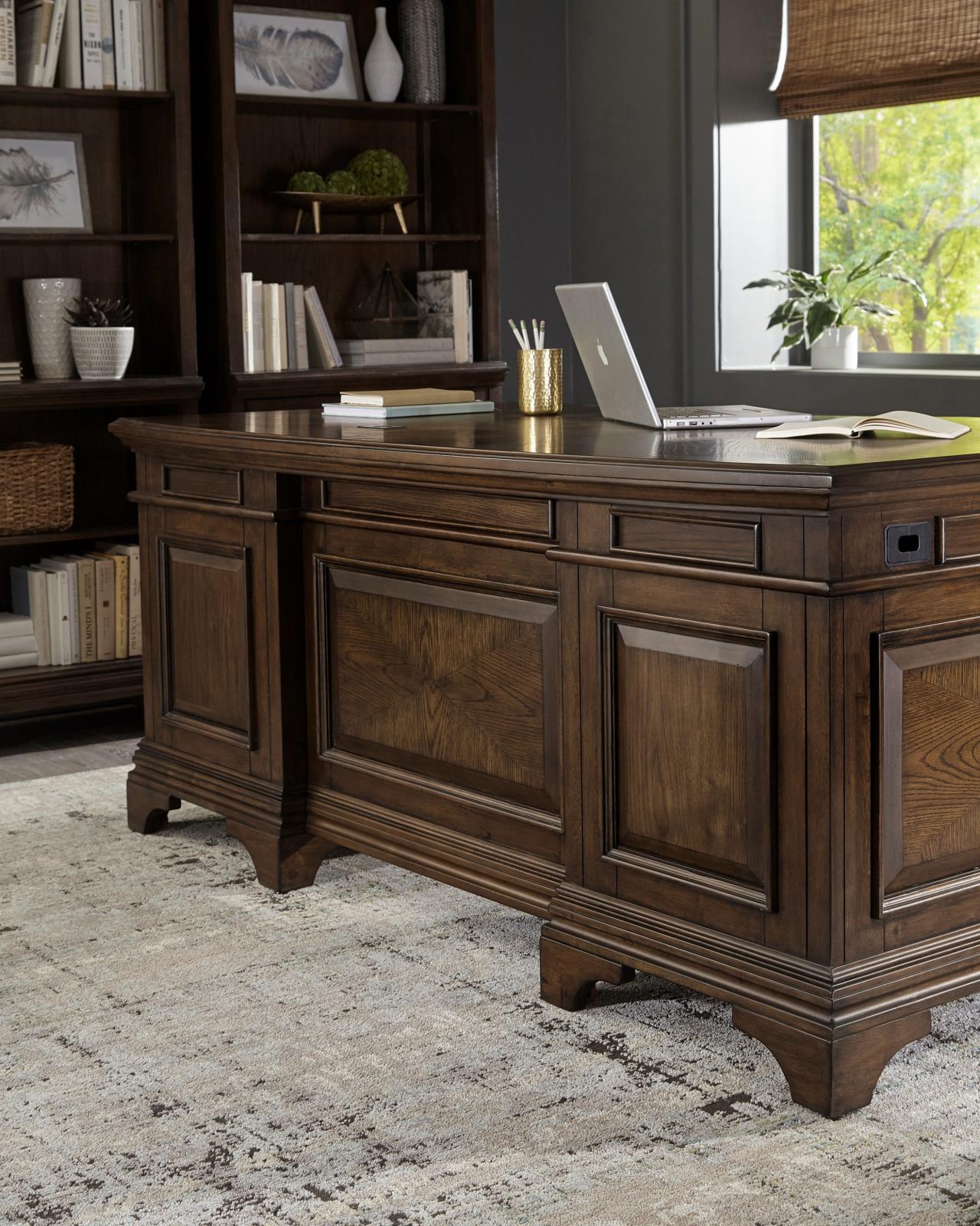 Hartshill Burnished Oak Executive Desk with File Cabinets - 881281 - Bien Home Furniture &amp; Electronics