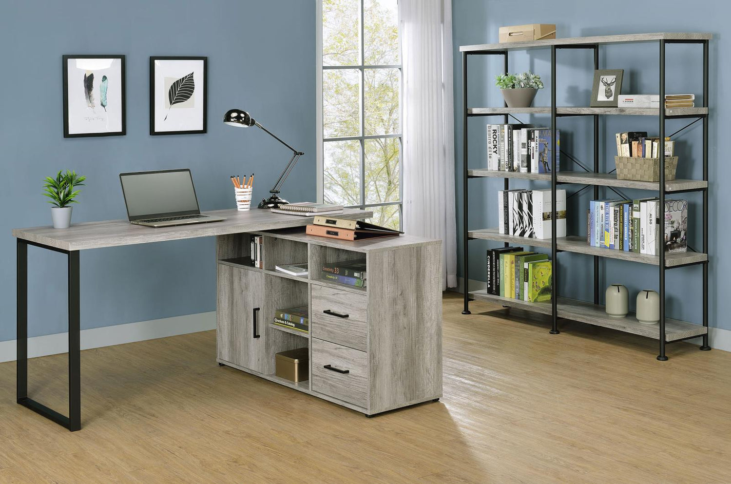 Hertford Gray Driftwood L-shape Office Desk with Storage - 804462 - Bien Home Furniture & Electronics