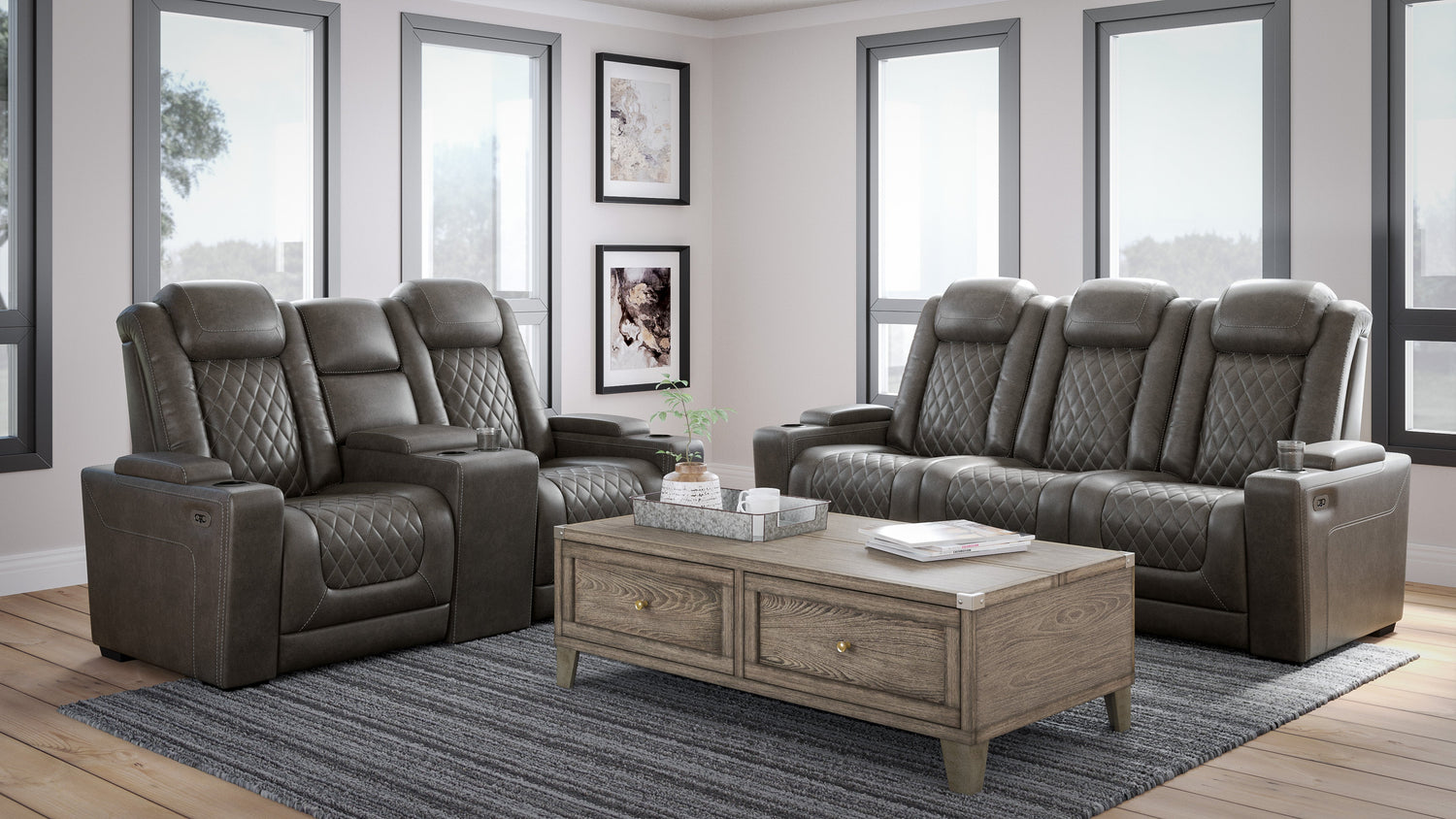 HyllMont Gray Power Reclining Living Room Set - SET | 9300315 | 9300318 - Bien Home Furniture & Electronics