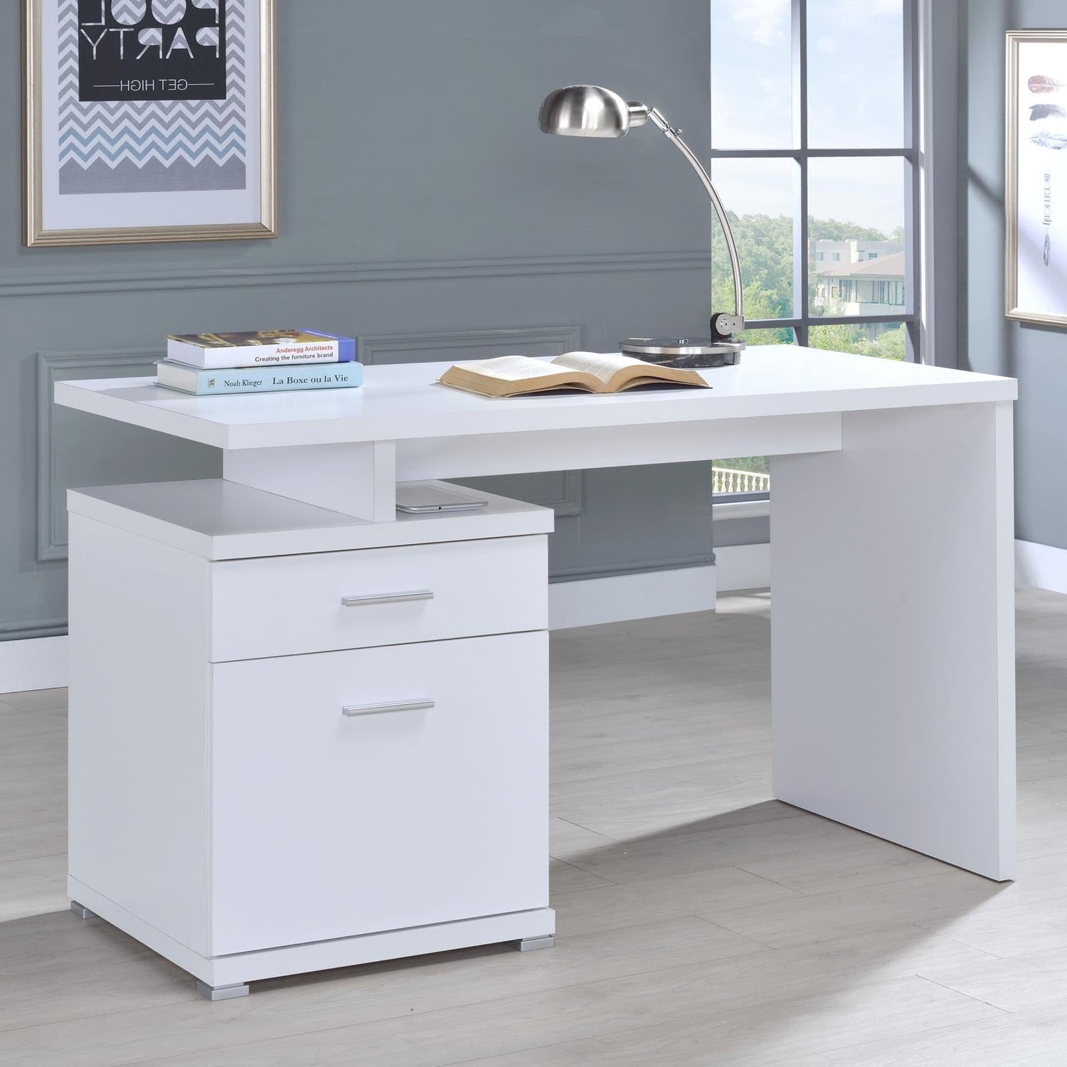Irving White 2-Drawer Office Desk with Cabinet - 800110 - Bien Home Furniture & Electronics