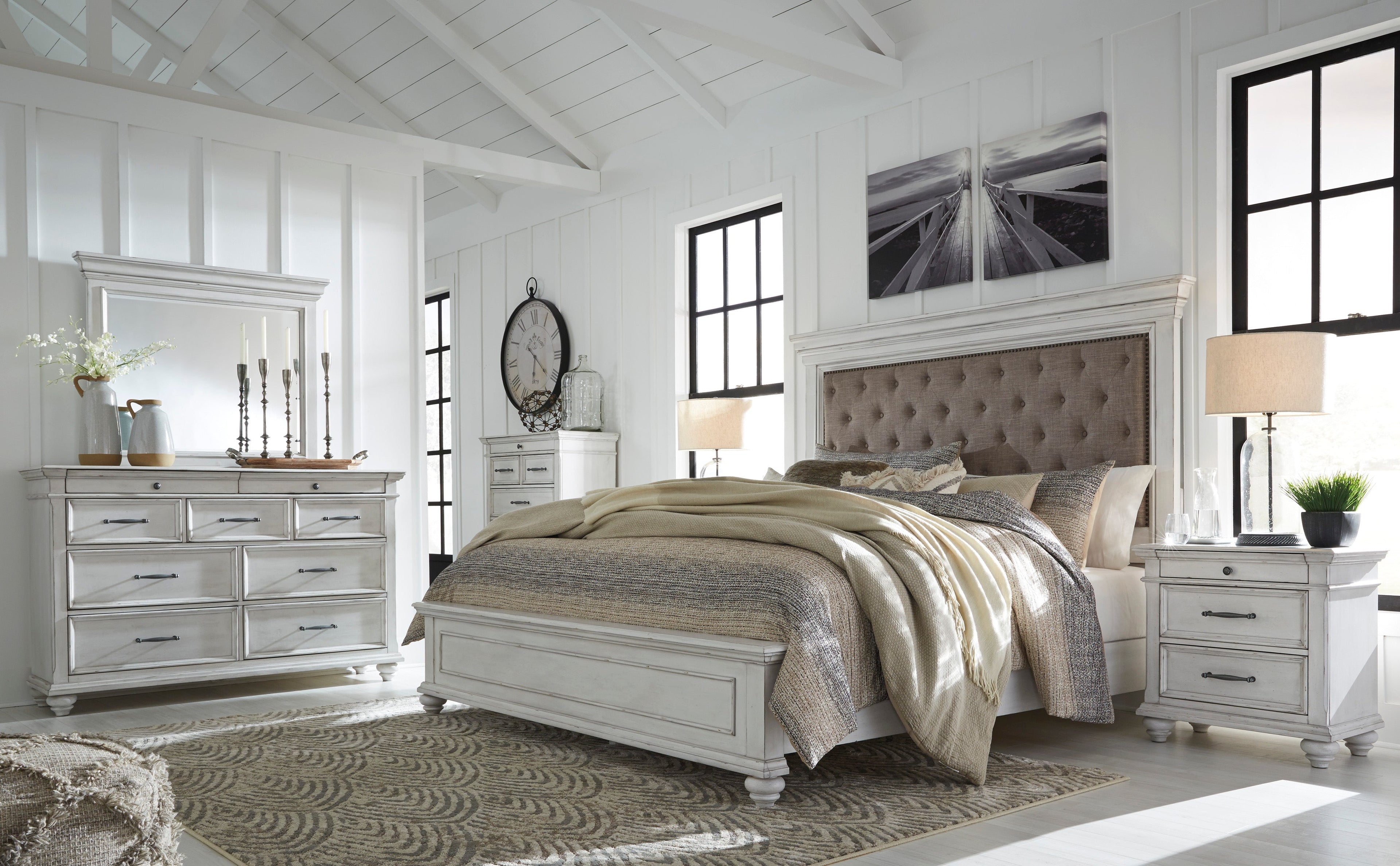 Kanwyn Whitewash Upholstered Panel Bedroom Set - SET | B777-54 | B777-157 | B777-96 | B777-46 | B777-93 - Bien Home Furniture &amp; Electronics