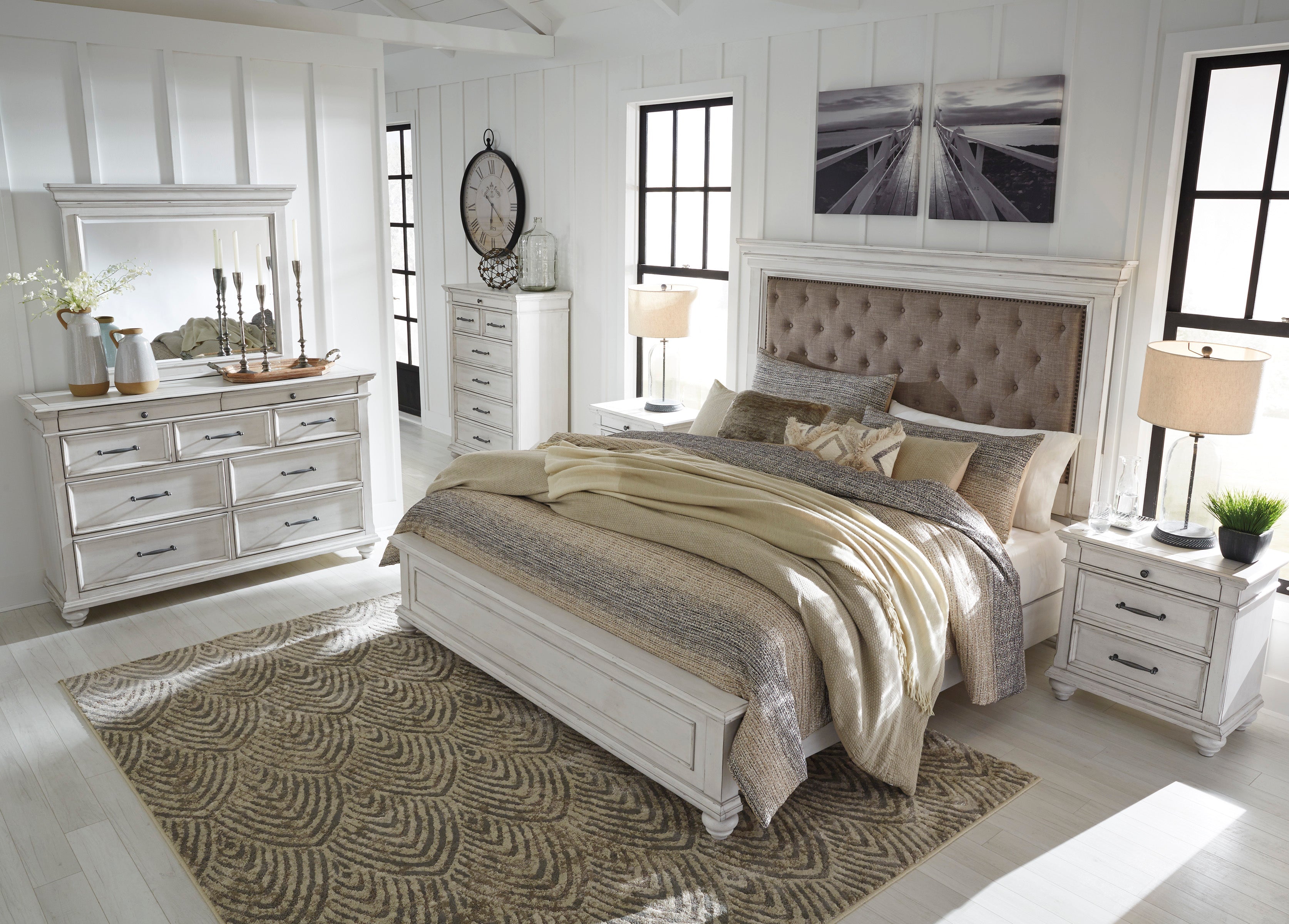 Kanwyn Whitewash Upholstered Panel Bedroom Set - SET | B777-54 | B777-157 | B777-96 | B777-46 | B777-93 - Bien Home Furniture &amp; Electronics