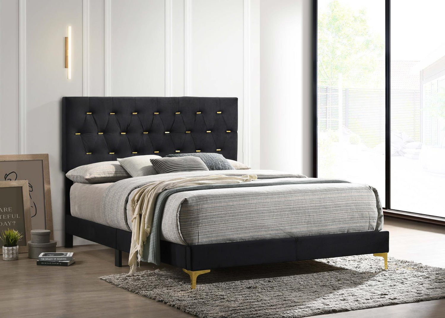 Kendall Black/Gold Upholstered Panel Bedroom Set - SET | 224451Q | 224452 | 224455 - Bien Home Furniture & Electronics