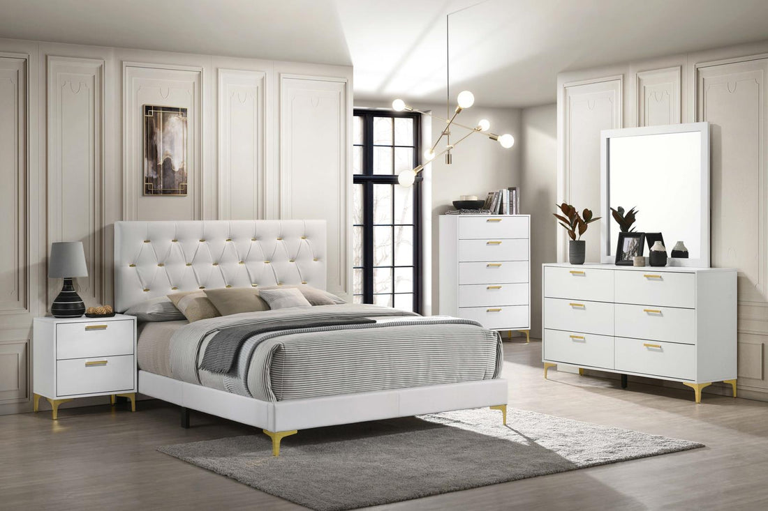 Kendall White/Gold Upholstered Panel Bedroom Set - SET | 224401Q | 224402 | 224405 - Bien Home Furniture &amp; Electronics