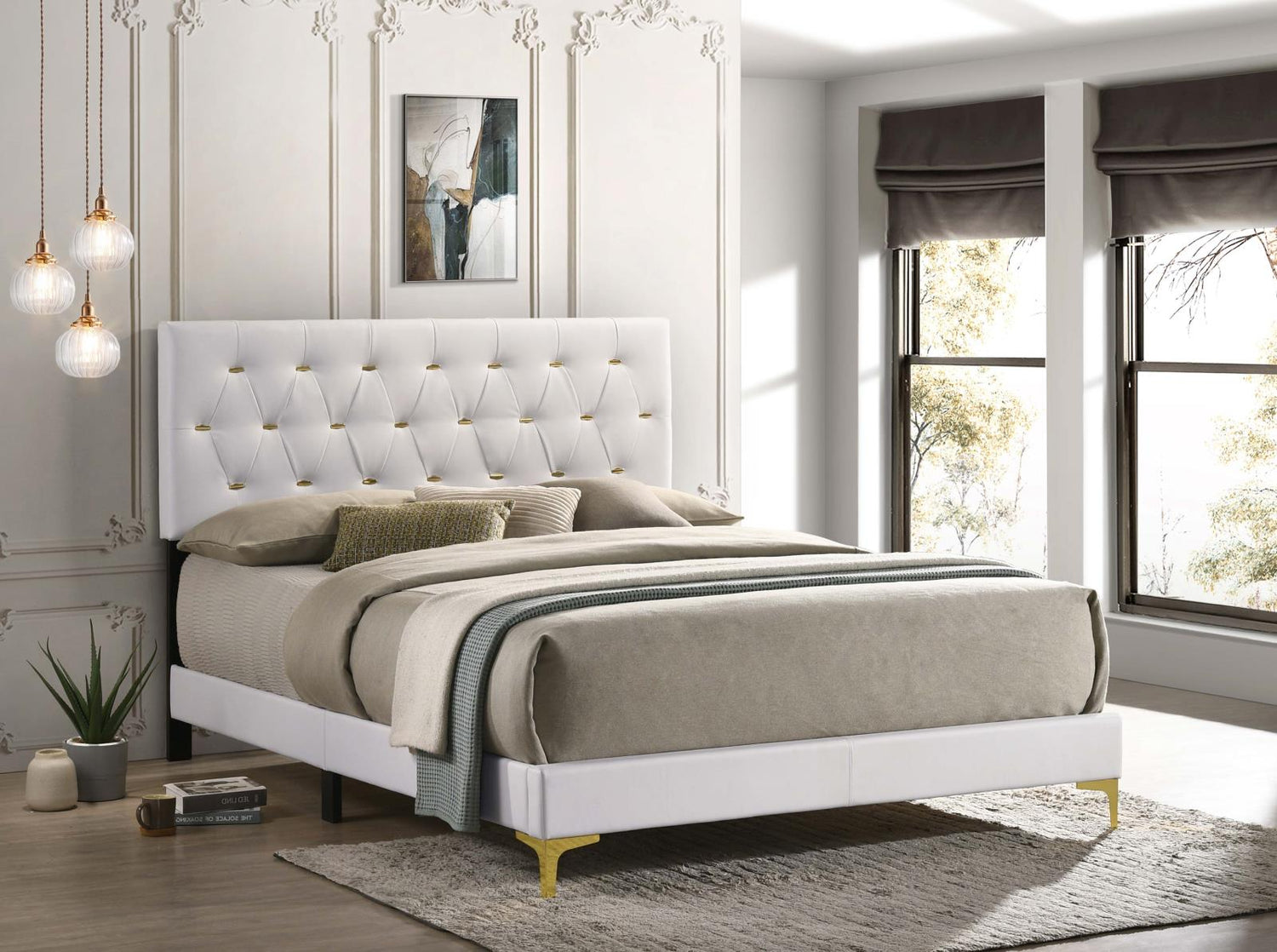 Kendall White/Gold Upholstered Panel Bedroom Set - SET | 224401Q | 224402 | 224405 - Bien Home Furniture & Electronics