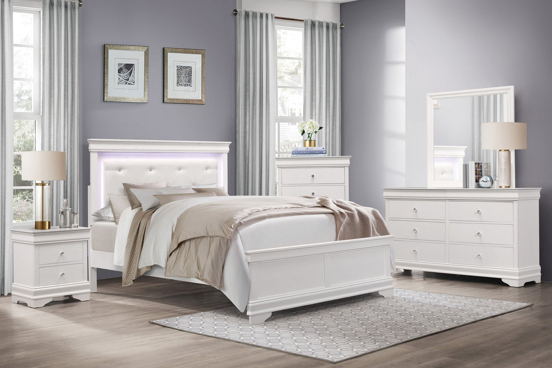 Lana White Queen LED Upholstered Panel Bed - SET | 1556W-1 | 1556W-3 - Bien Home Furniture &amp; Electronics