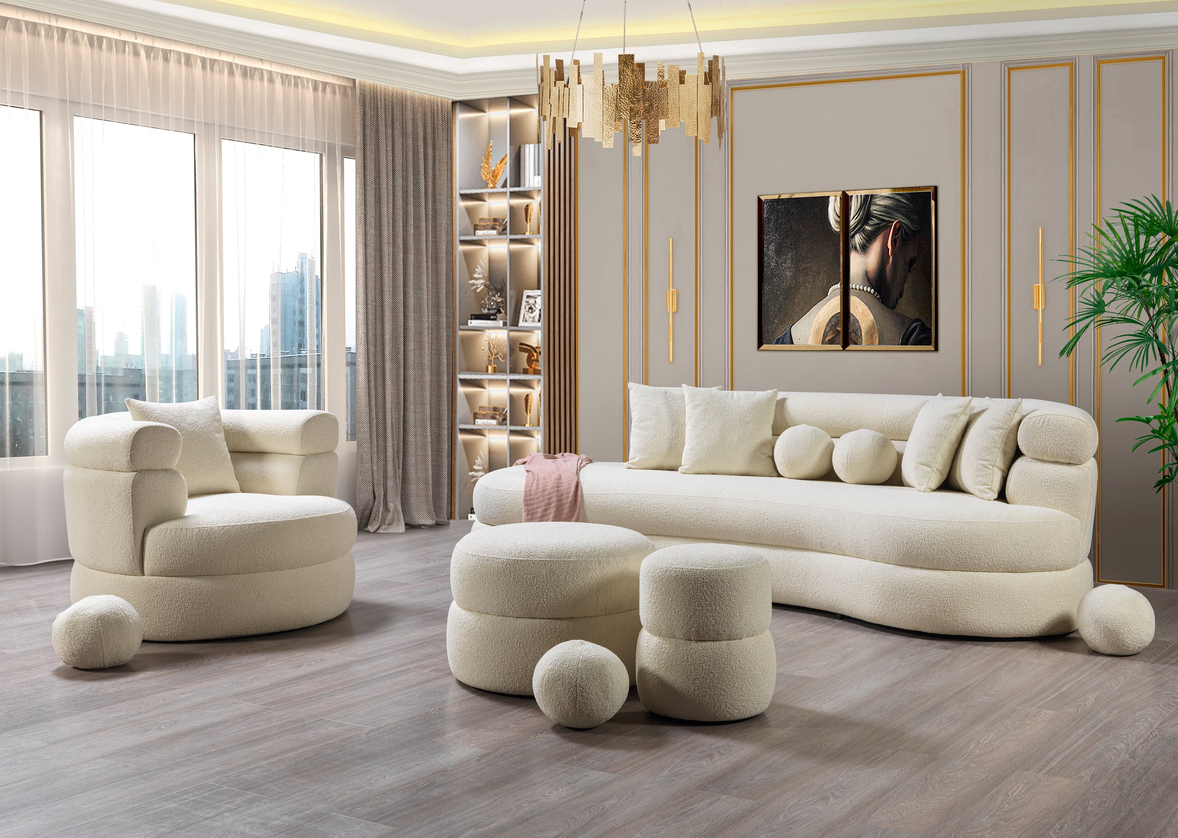 Larissa Ivory Boucle Round Ottoman - LARISSAIVORY-OTT - Bien Home Furniture &amp; Electronics