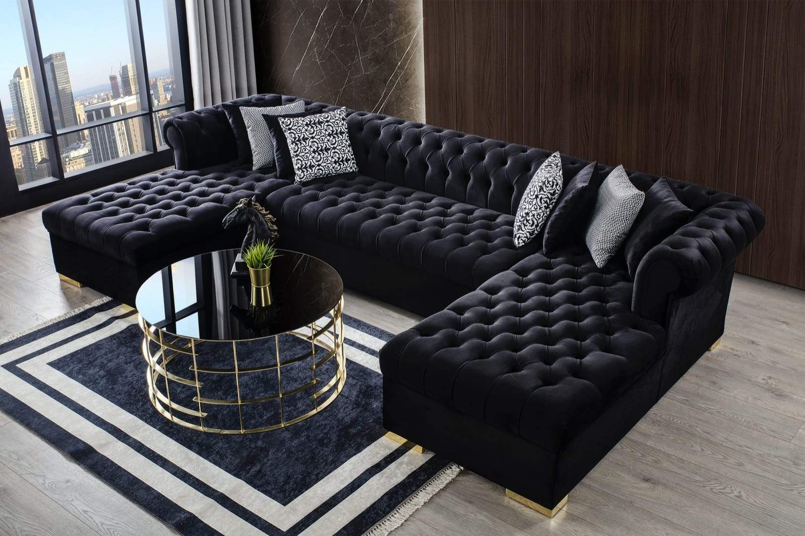 Lauren Black Velvet Double Chaise Sectional - SET | LAURENBLACK-SEC | LAURENBLACK-OTT - Bien Home Furniture & Electronics