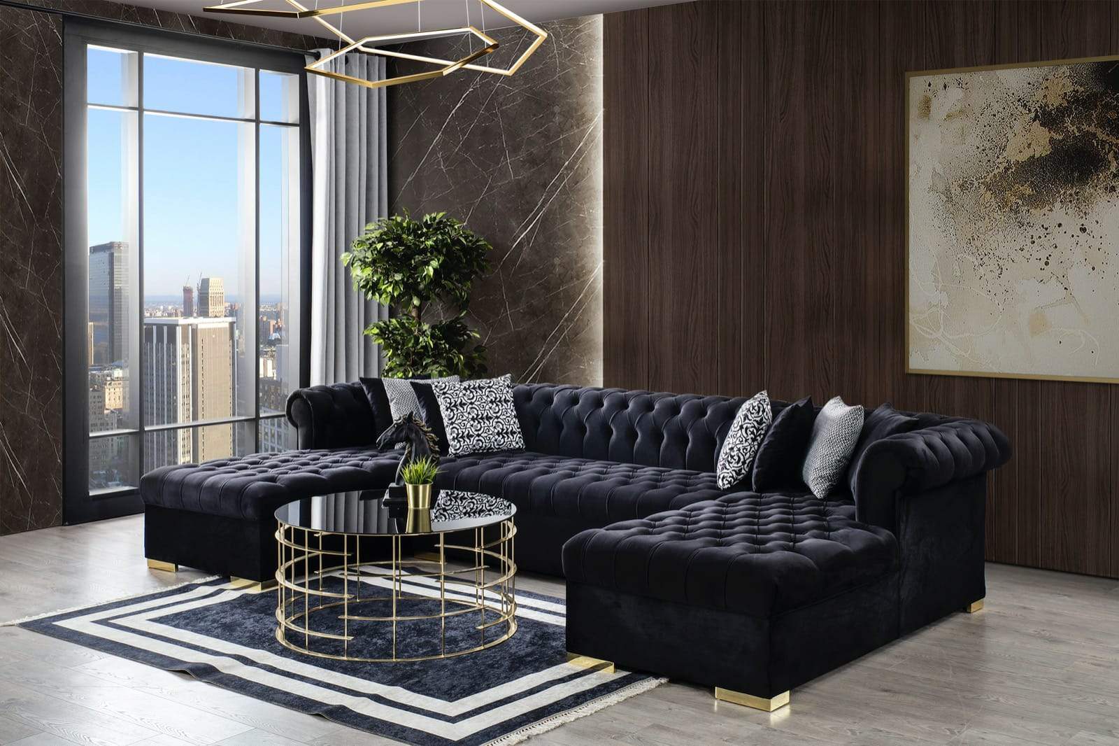 Lauren Black Velvet Double Chaise Sectional - SET | LAURENBLACK-SEC | LAURENBLACK-OTT - Bien Home Furniture & Electronics