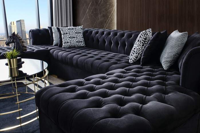 Lauren Black Velvet Double Chaise Sectional - SET | LAURENBLACK-SEC | LAURENBLACK-OTT - Bien Home Furniture & Electronics