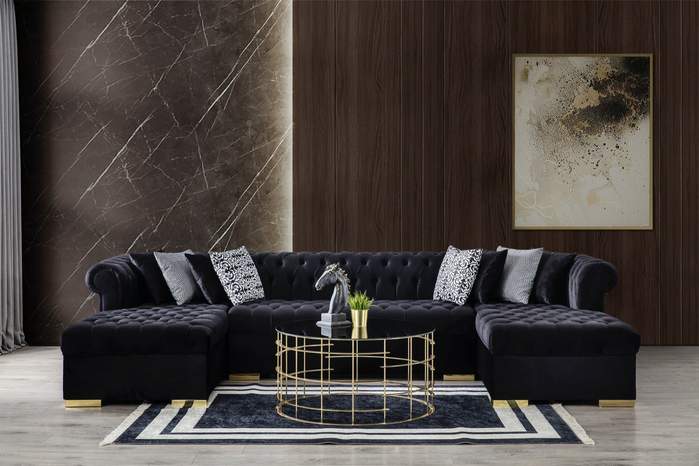 Lauren Black Velvet Double Chaise Sectional - SET | LAURENBLACK-SEC | LAURENBLACK-OTT - Bien Home Furniture & Electronics