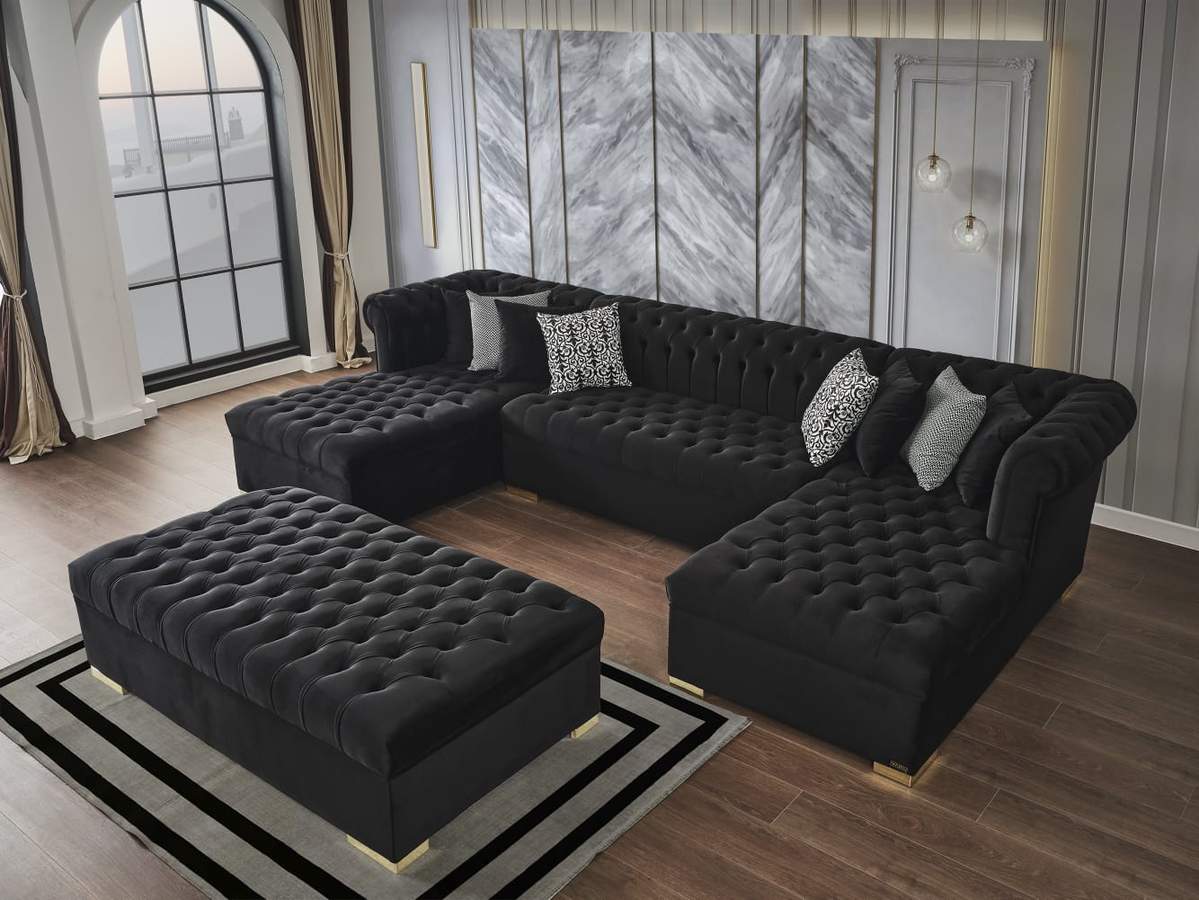 Lauren Black Velvet Double Chaise Sectional - SET | LAURENBLACK-SEC | LAURENBLACK-OTT - Bien Home Furniture & Electronics