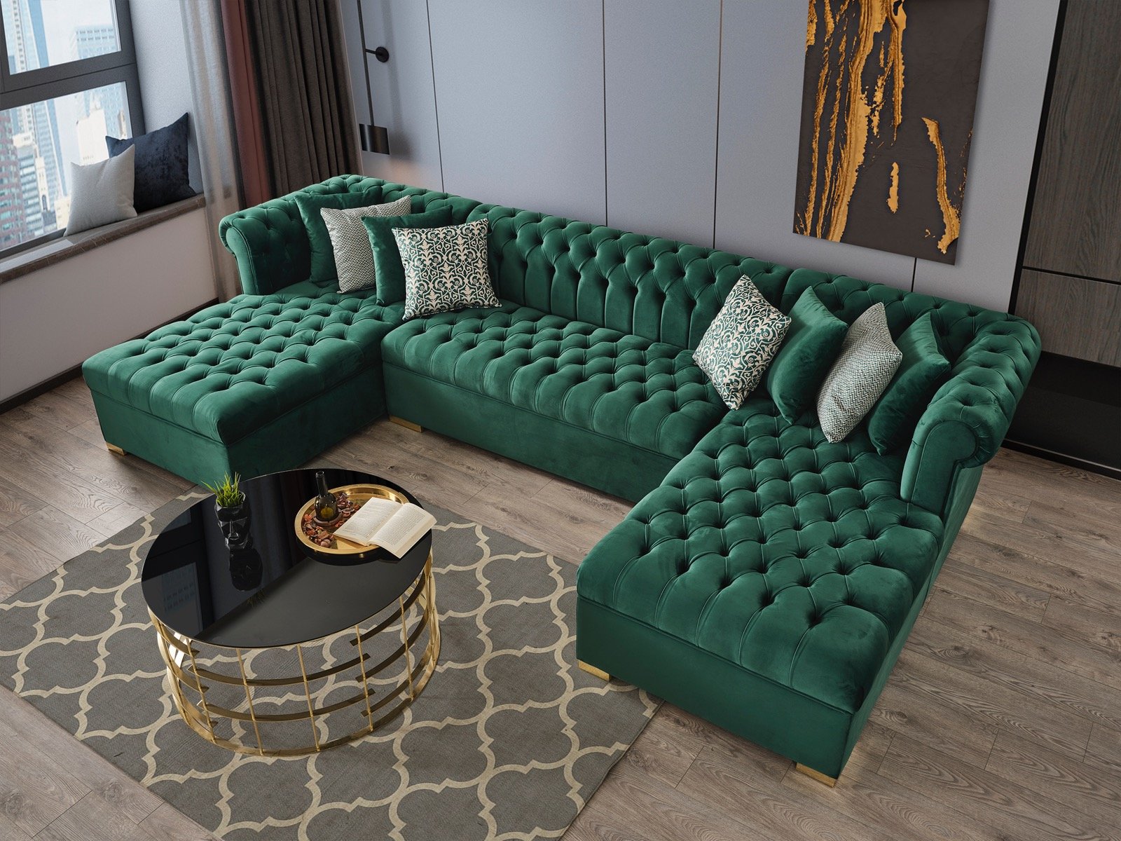 Lauren Green Velvet Double Chaise Sectional - LAURENGREEN-SEC - Bien Home Furniture & Electronics
