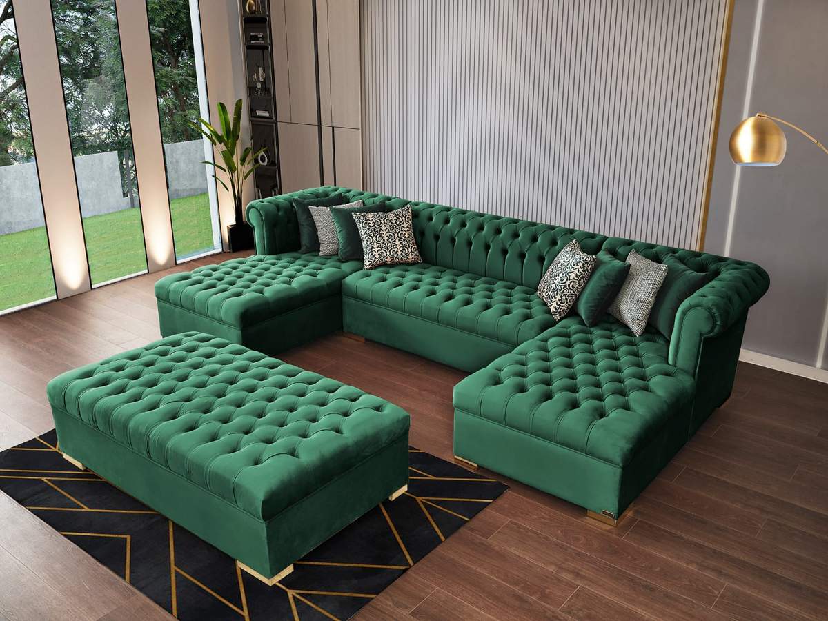 Lauren Green Velvet Double Chaise Sectional - LAURENGREEN-SEC - Bien Home Furniture & Electronics