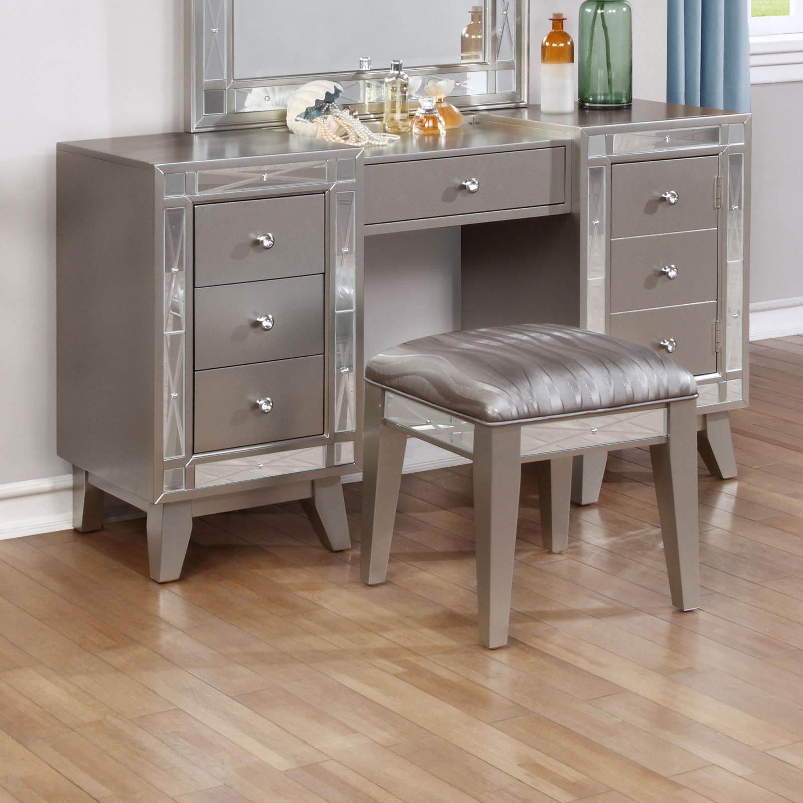 Leighton Vanity Desk/Stool Metallic Mercury - 204927 - Bien Home Furniture &amp; Electronics