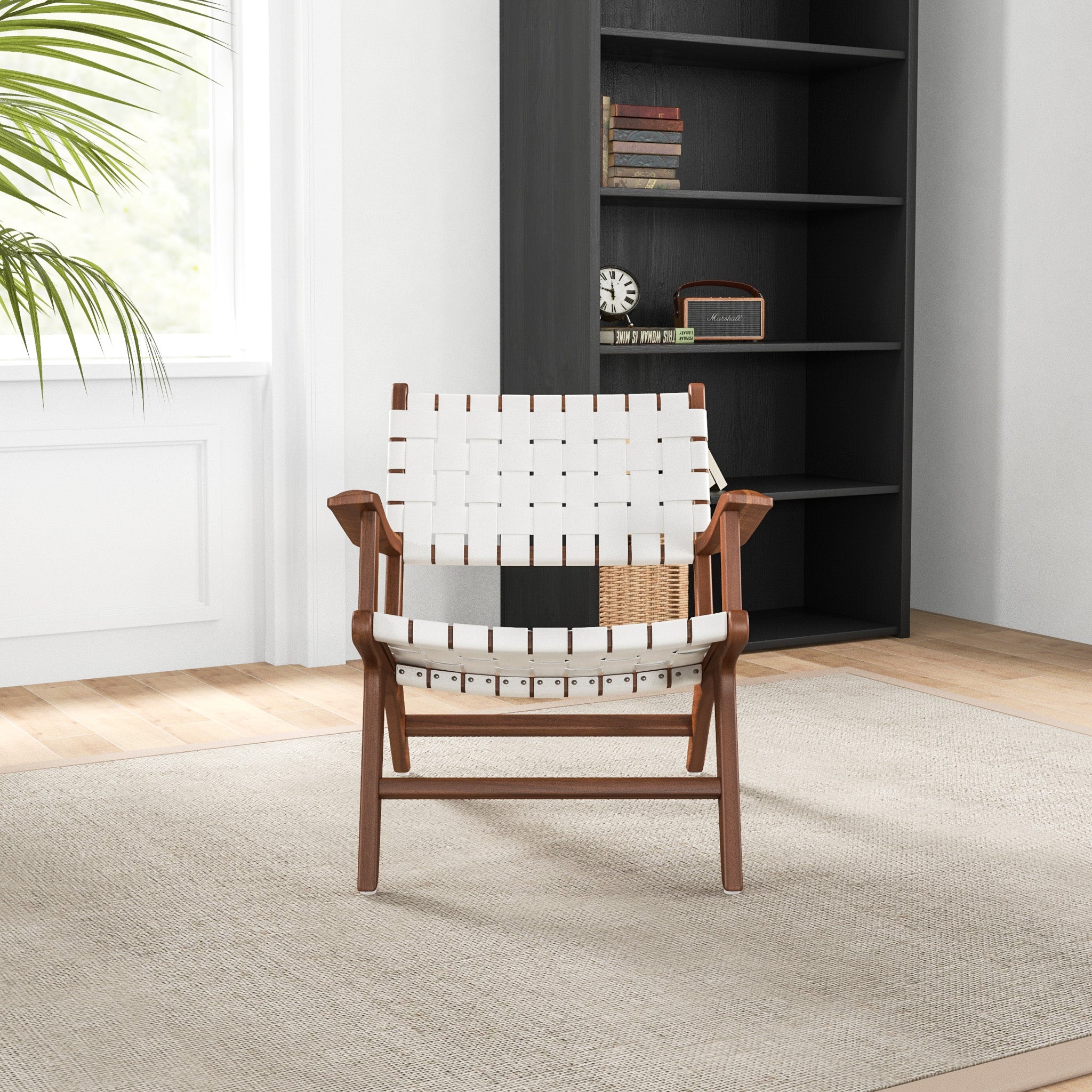 Lento White Strap Leather Teak Wood Accent Chair - MDM01804 - Bien Home Furniture & Electronics