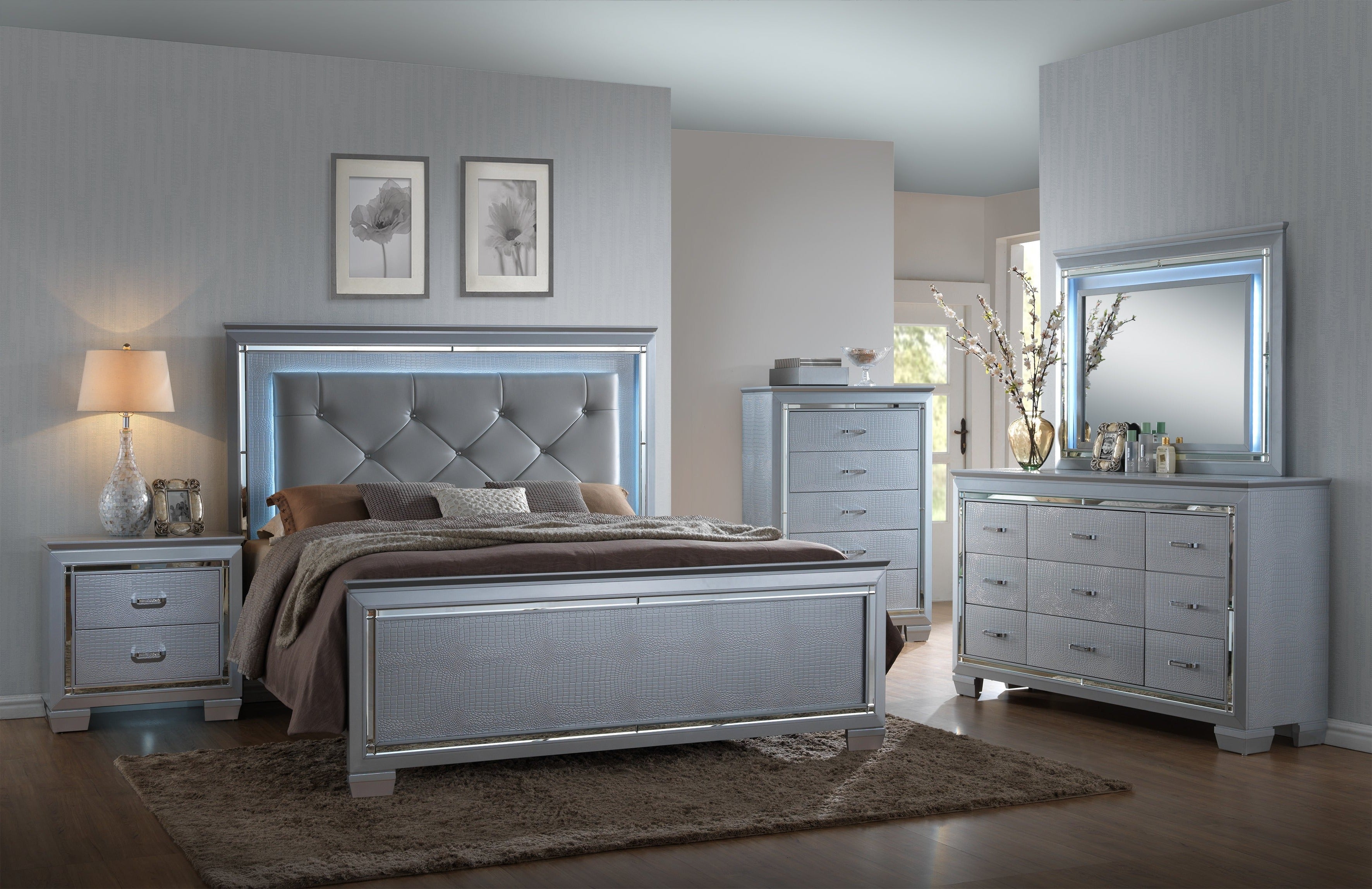 Lillian Silver LED Upholestered Bedroom Set - SET | B7100-Q-HB | B7100-Q-FB | B7100-KQ-RAIL | B7100-1 | B7100-11 - Bien Home Furniture &amp; Electronics