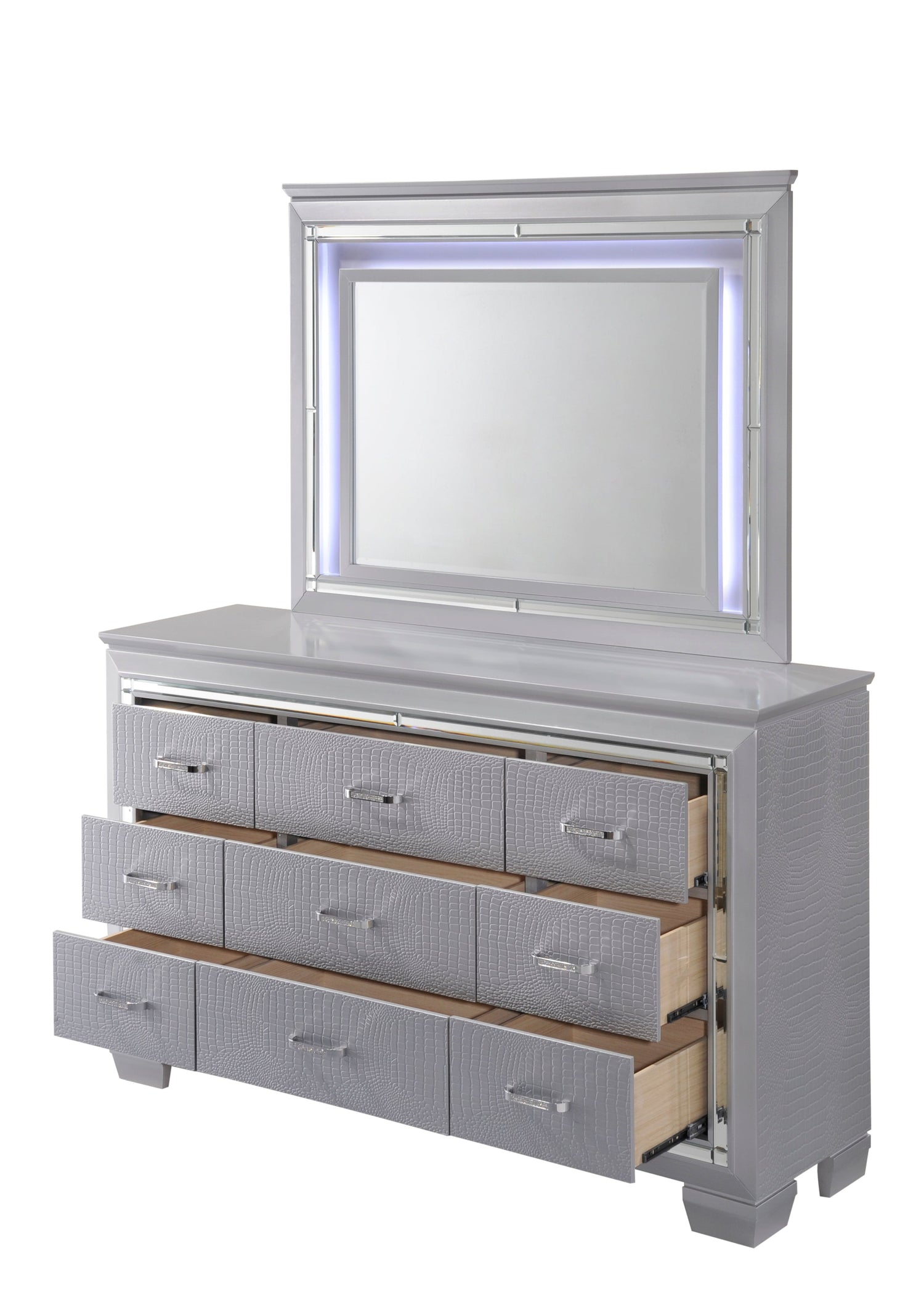 Lillian Silver LED Upholestered Bedroom Set - SET | B7100-Q-HB | B7100-Q-FB | B7100-KQ-RAIL | B7100-1 | B7100-11 - Bien Home Furniture & Electronics