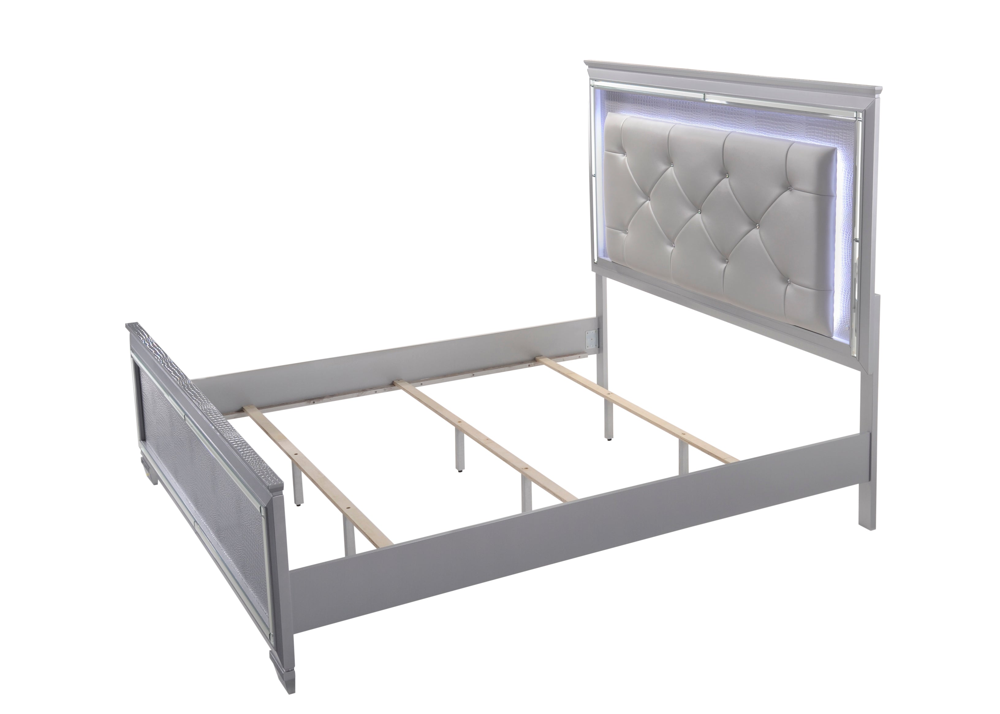 Lillian Silver LED Upholestered Bedroom Set - SET | B7100-Q-HB | B7100-Q-FB | B7100-KQ-RAIL | B7100-1 | B7100-11 - Bien Home Furniture &amp; Electronics