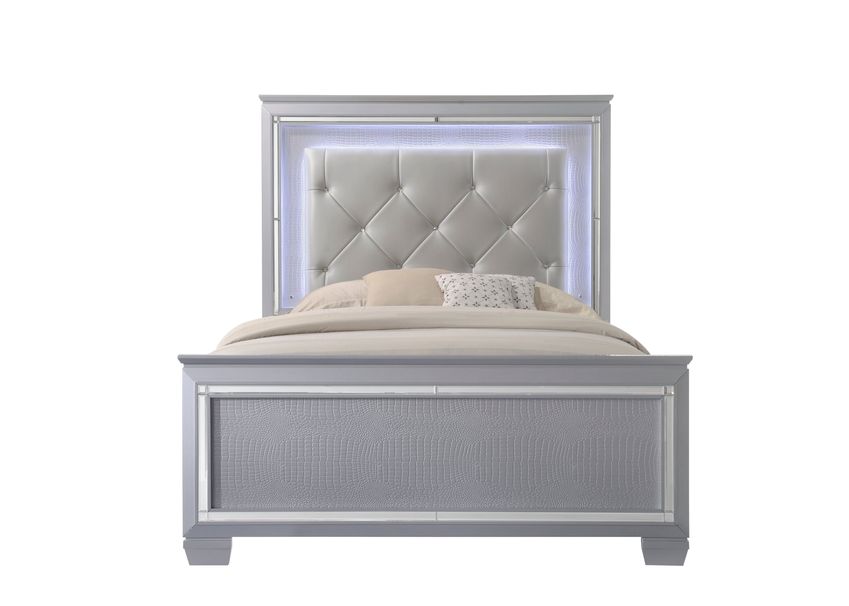 Lillian Silver LED Upholestered Bedroom Set - SET | B7100-Q-HB | B7100-Q-FB | B7100-KQ-RAIL | B7100-1 | B7100-11 - Bien Home Furniture &amp; Electronics