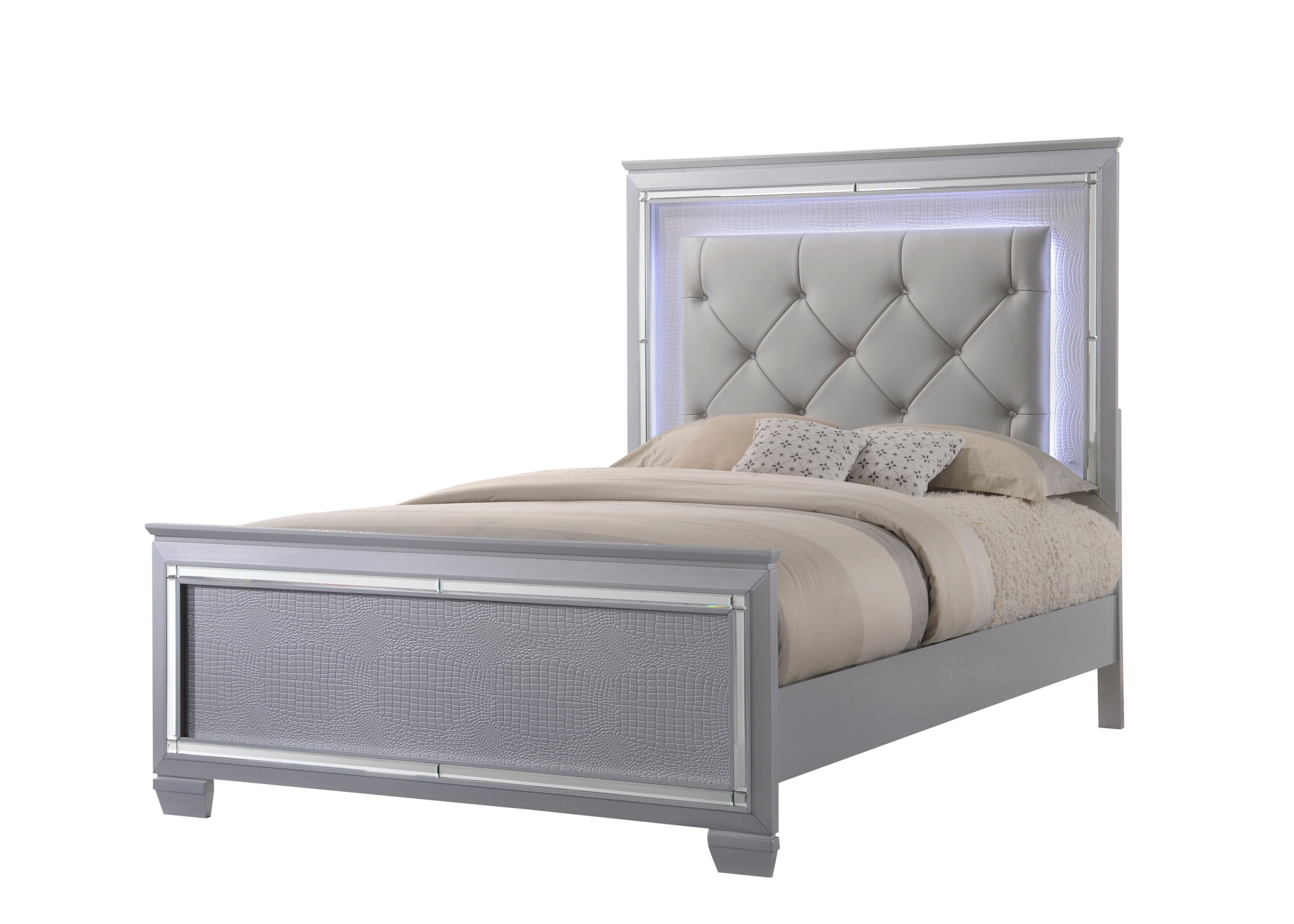 Lillian Silver LED Upholestered Bedroom Set - SET | B7100-Q-HB | B7100-Q-FB | B7100-KQ-RAIL | B7100-1 | B7100-11 - Bien Home Furniture &amp; Electronics