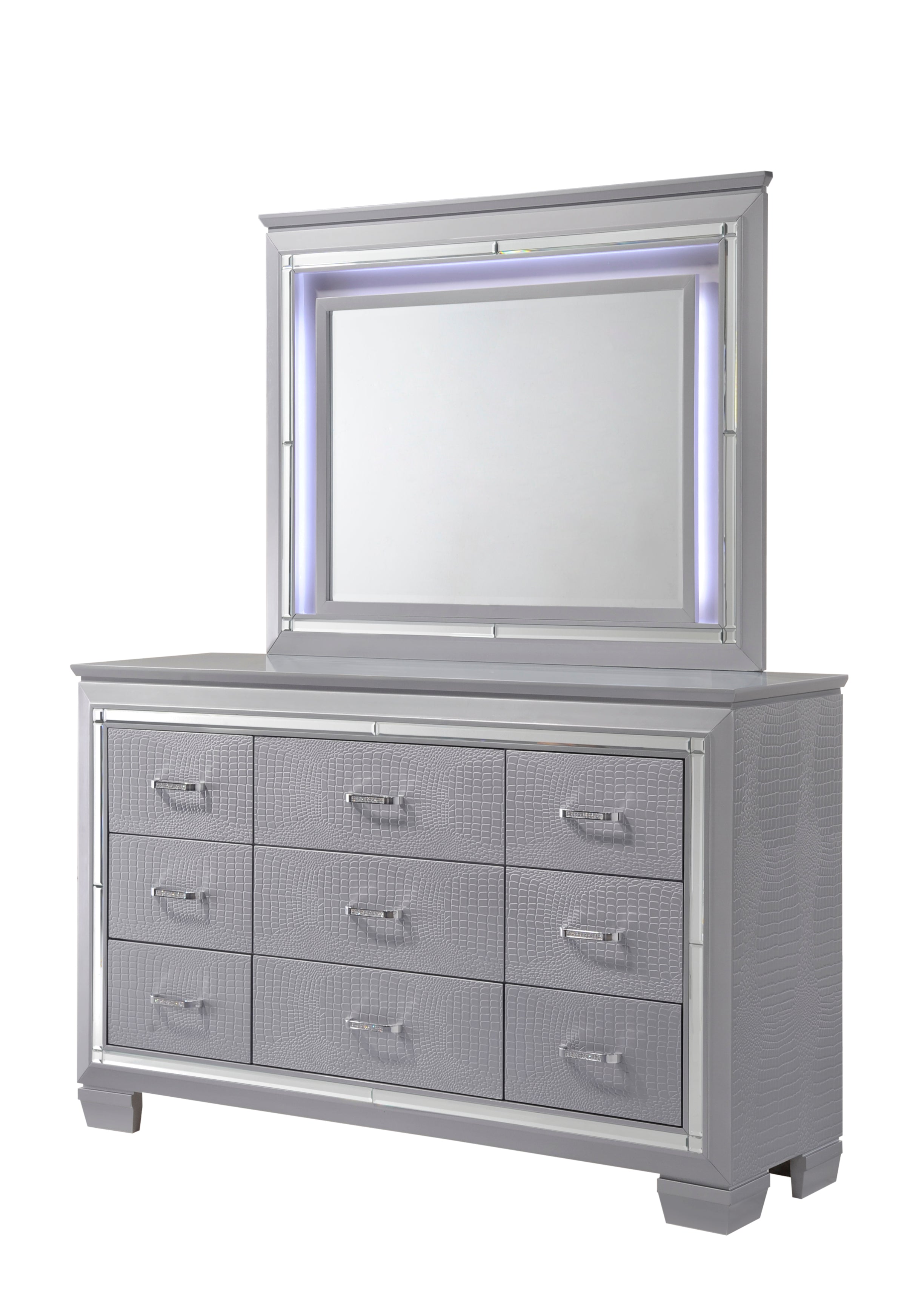 Lillian Silver LED Upholestered Bedroom Set - SET | B7100-Q-HB | B7100-Q-FB | B7100-KQ-RAIL | B7100-1 | B7100-11 - Bien Home Furniture &amp; Electronics