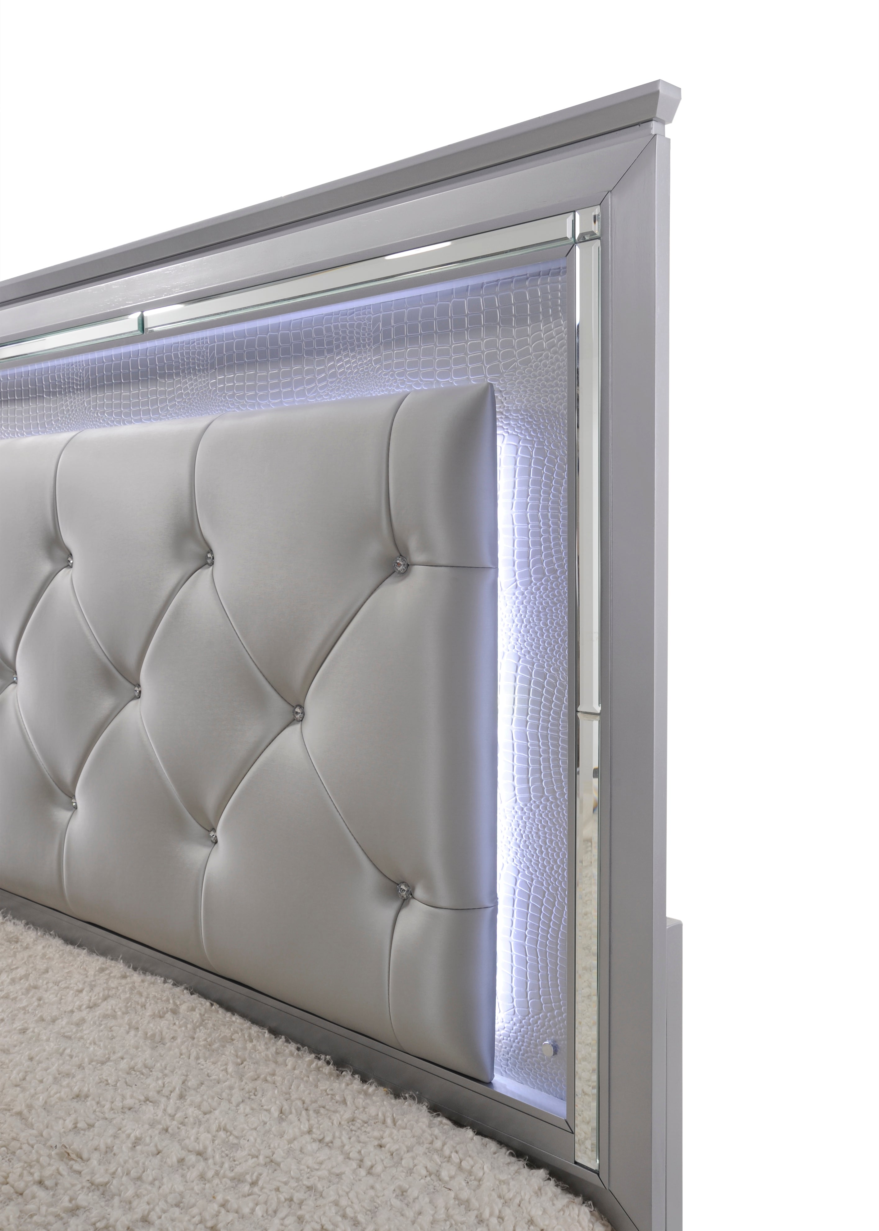 Lillian Silver LED Upholestered Bedroom Set - SET | B7100-Q-HB | B7100-Q-FB | B7100-KQ-RAIL | B7100-1 | B7100-11 - Bien Home Furniture & Electronics