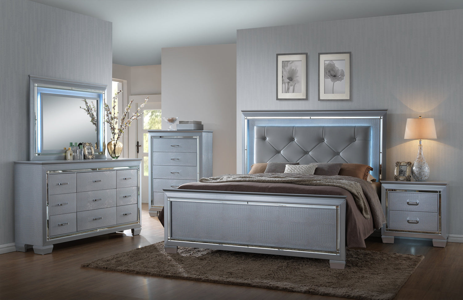Lillian Silver Queen LED Upholestered Bed - SET | B7100-Q-HB | B7100-Q-FB | B7100-KQ-RAIL - Bien Home Furniture & Electronics