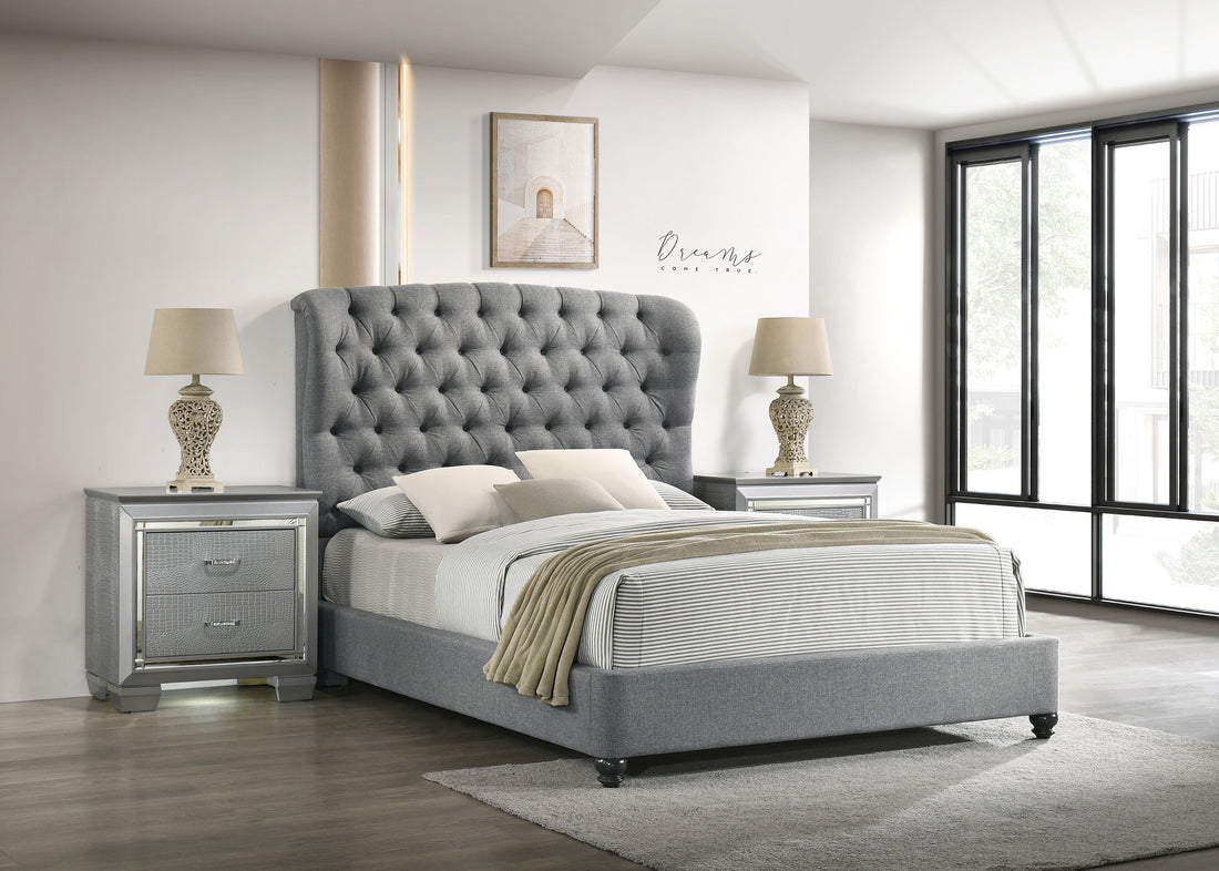 Linda Gray Queen Upholstered Panel Bed - SET | 5138GY-Q-HBFB | 5138GY-KQ-RAIL - Bien Home Furniture &amp; Electronics