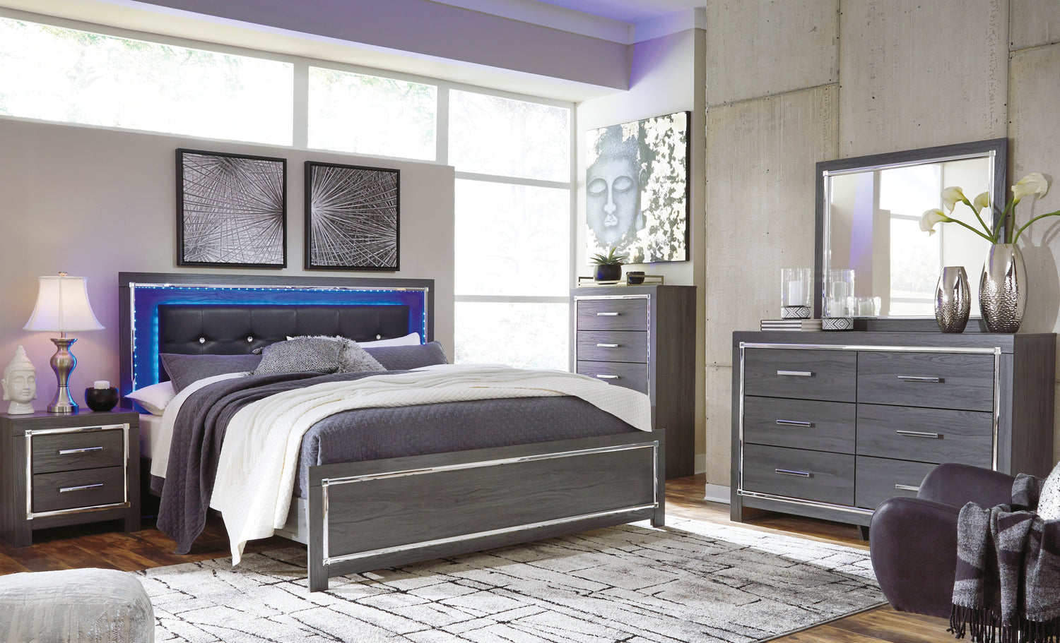 Lodanna Gray LED Platform Bedroom Set - SET | B214-56 | B214-58 | B214-95 | B214-31 | B214-92 | B100-14 - Bien Home Furniture & Electronics