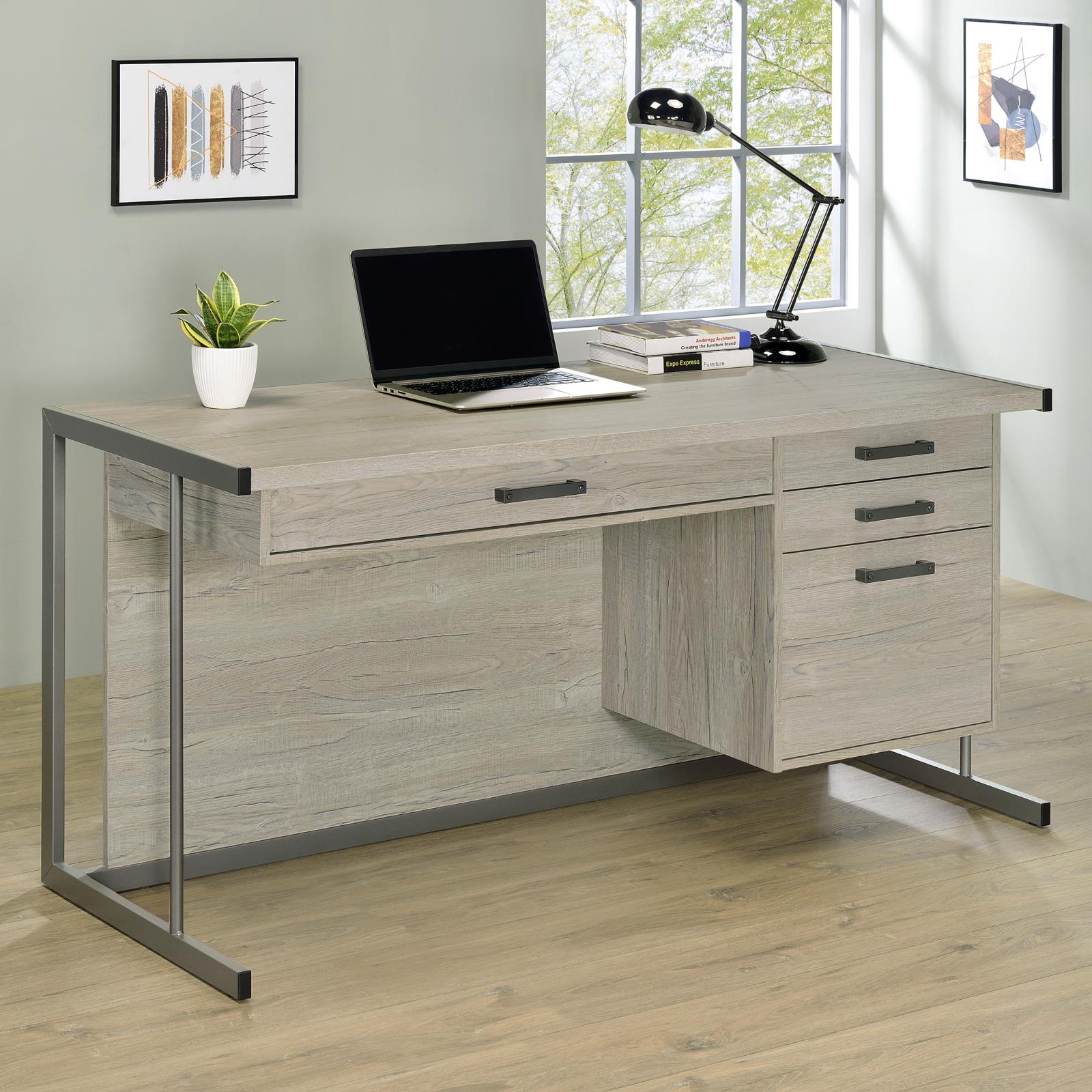 Loomis Whitewashed Gray/Gunmetal 4-Drawer Rectangular Office Desk - 805881 - Bien Home Furniture &amp; Electronics