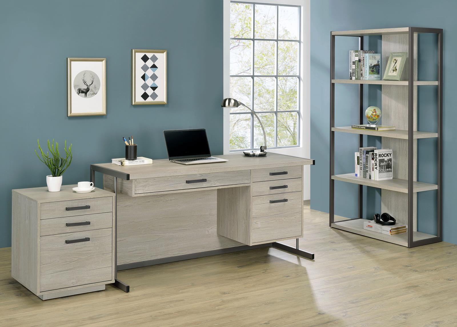 Loomis Whitewashed Gray/Gunmetal 4-Drawer Rectangular Office Desk - 805881 - Bien Home Furniture &amp; Electronics