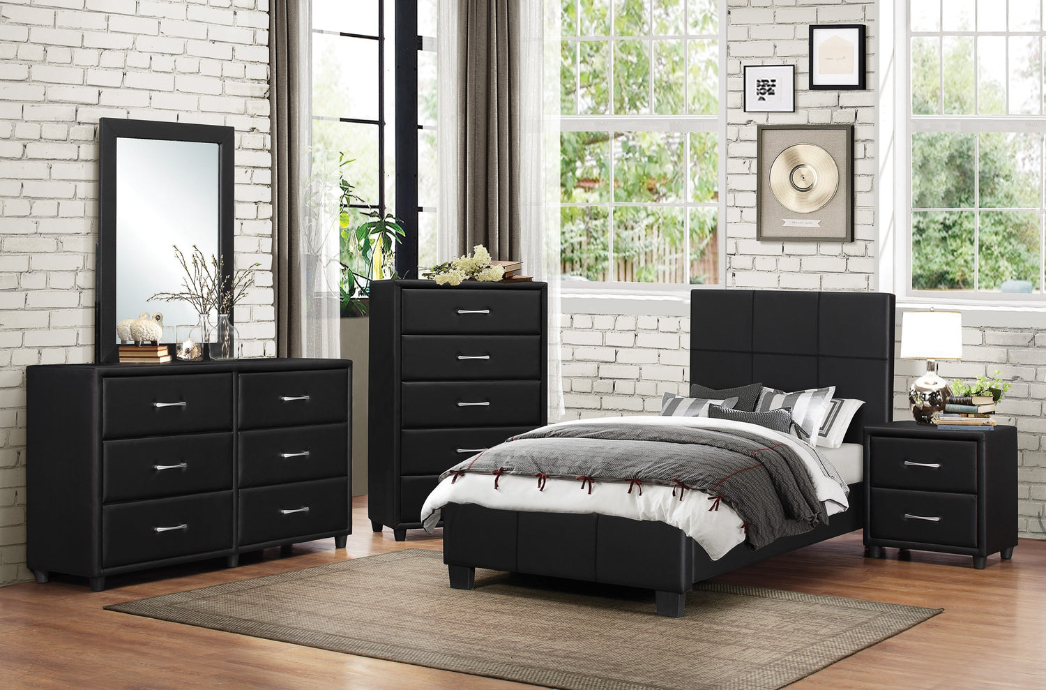 Lorenzi Black Twin Upholstered Platform Bed - SET | 2220T-1 | 2220T-3 - Bien Home Furniture & Electronics