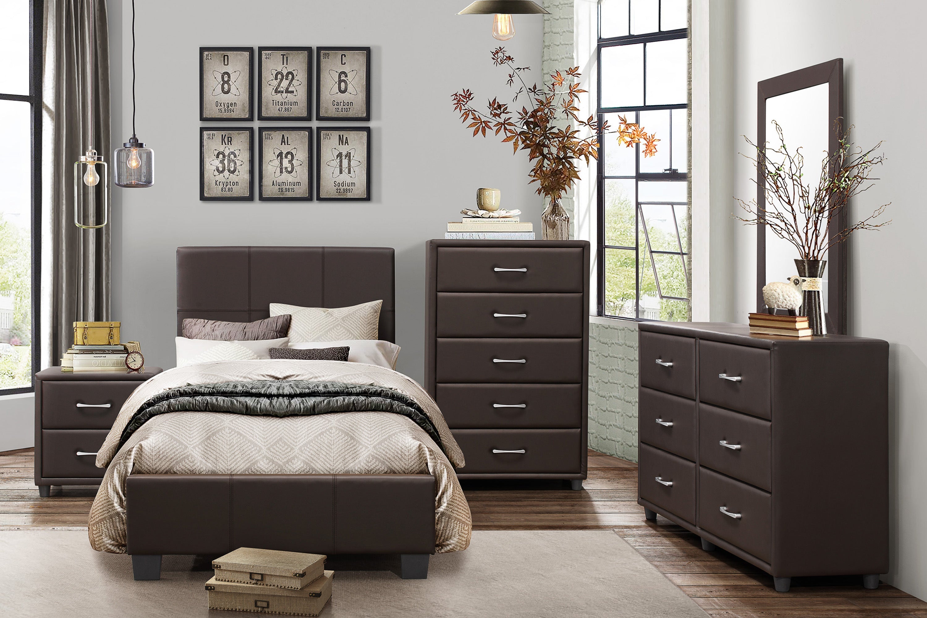 Lorenzi Dark Brown Upholstered Platform Youth Bedroom Set - SET | 2220DBR-5 | 2220DBR-6 | 2220DBR-4 | 2220DBR-9 | 2220FDBR-1 | 2220FDBR-3 - Bien Home Furniture &amp; Electronics