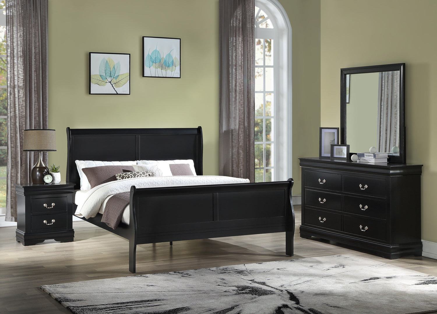 Louis Philip Black Sleigh Bedroom Set - SET | B3950-K-HBFB | B3950-K-RAIL | B3950-2 | B3950-4 - Bien Home Furniture & Electronics