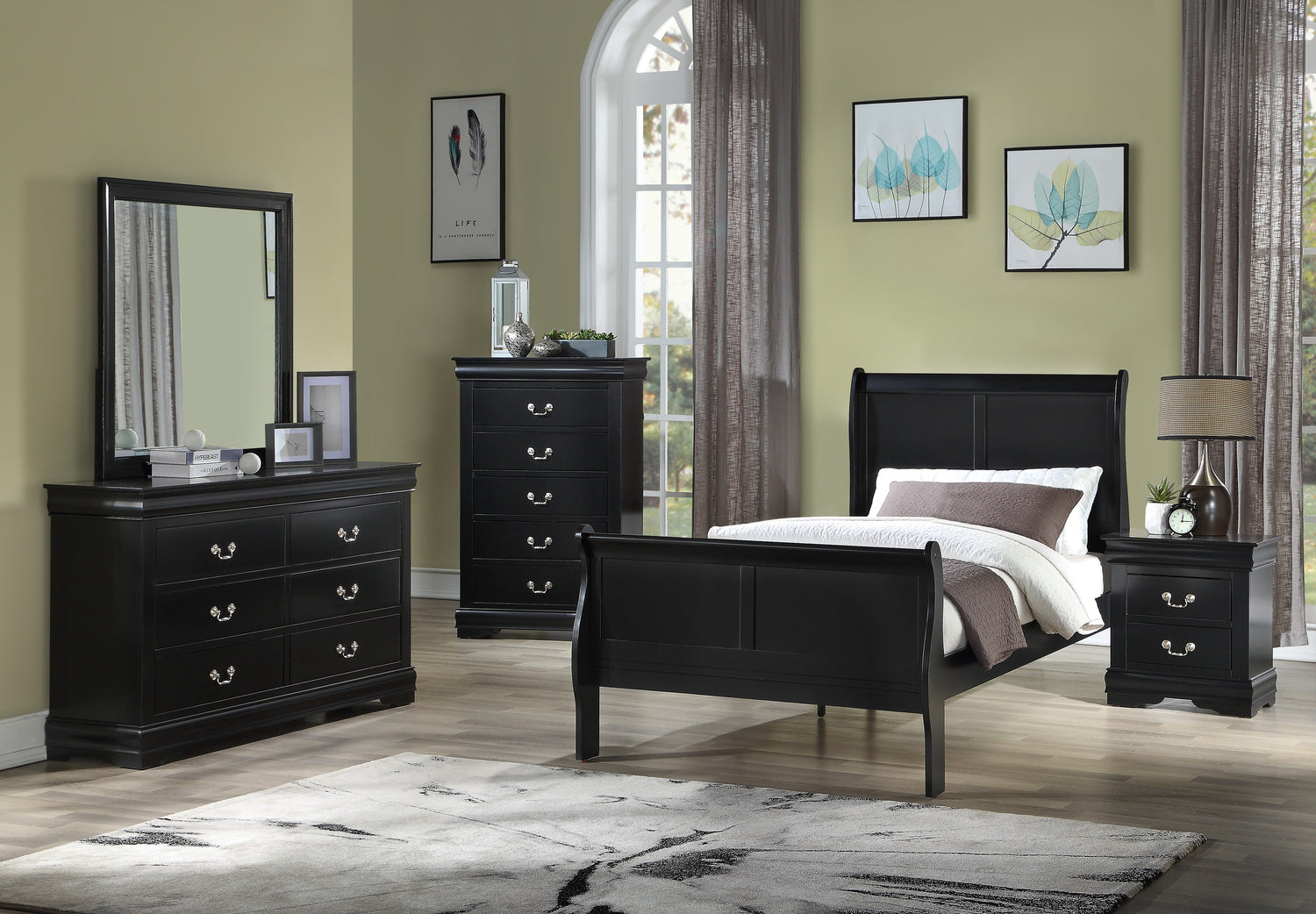 Louis Philip Black Twin Sleigh Bed - SET | B3950-T-HBFB | B3950-T-RAIL - Bien Home Furniture & Electronics