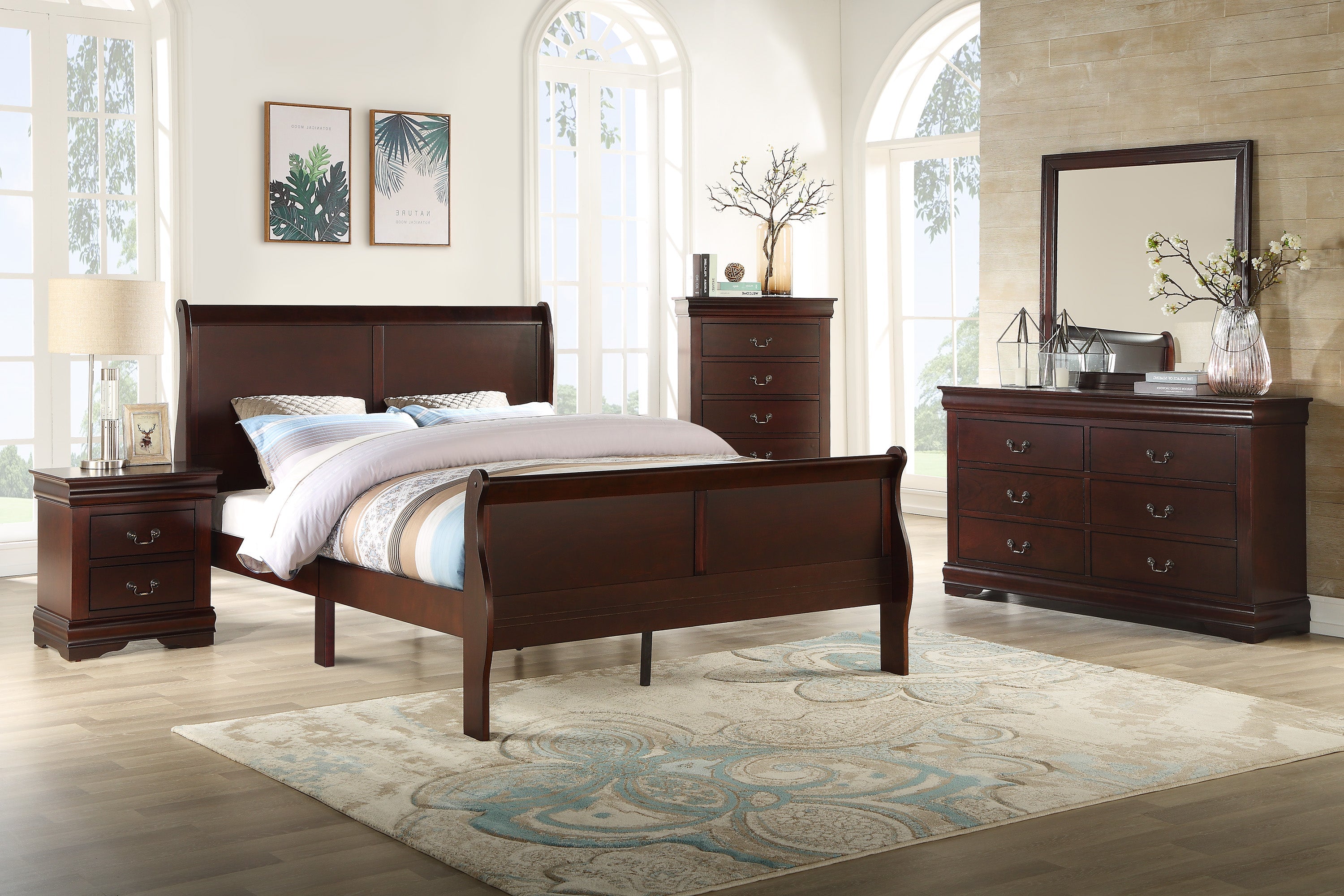 Louis Philip Cherry Sleigh Bedroom Set - SET | B3850-K-HBFB | B3850-K-RAIL | B3850-1 | B3850-11 - Bien Home Furniture &amp; Electronics