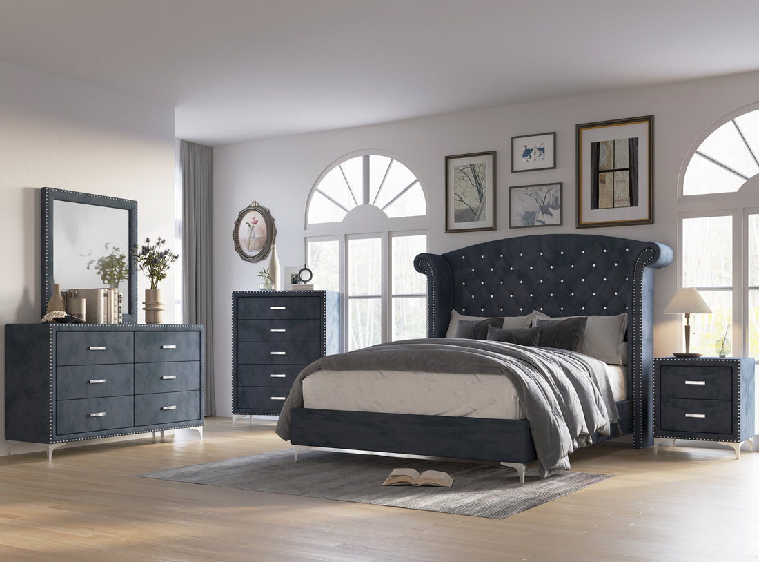 Lucinda Velvet Dark Gray Queen Upholstered Panel Bed - SET | B9260-Q-HB | B9260-Q-FBRL | B9260-KQ-WG - Bien Home Furniture &amp; Electronics