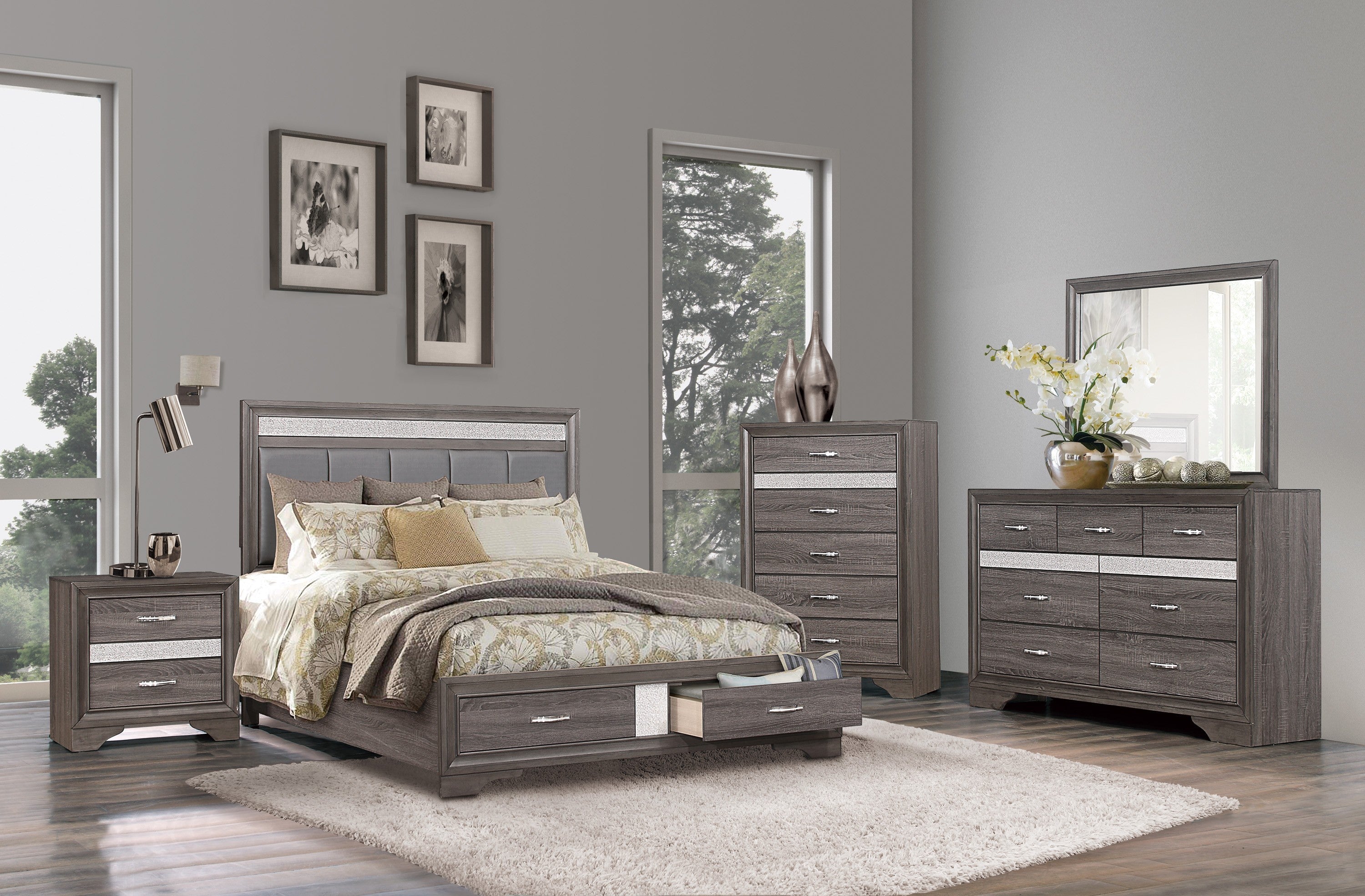 Luster Gray Upholstered Storage Platform Bedroom Set - SET | 1505K-1 | 1505K-3EK | 1505-DW | 1505-5 | 1505-6 | 1505-4 | 1505-9 - Bien Home Furniture & Electronics