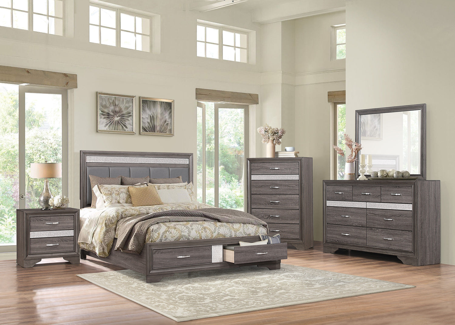 Luster Gray Upholstered Storage Platform Bedroom Set - SET | 1505K-1 | 1505K-3EK | 1505-DW | 1505-5 | 1505-6 | 1505-4 | 1505-9 - Bien Home Furniture &amp; Electronics